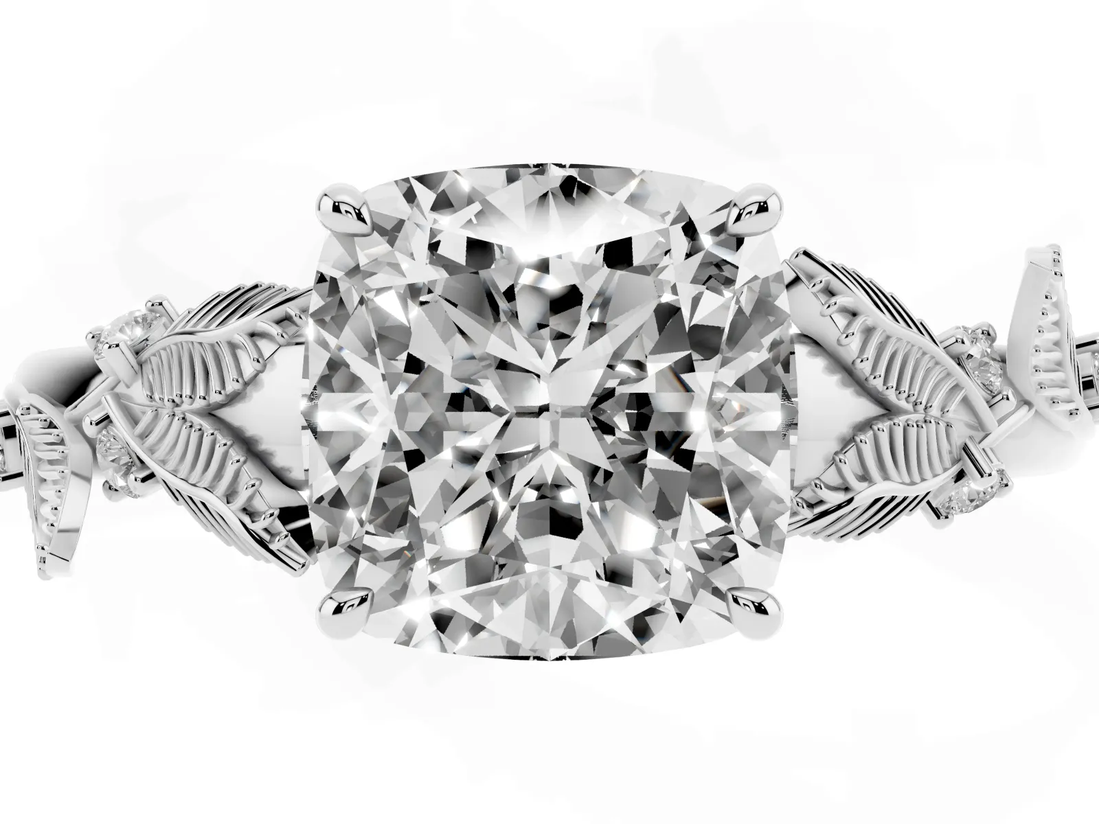 Cushion Cut Diamond Solitaire Ring with Leaf Motif Band and Four-Prong Setting Platinum