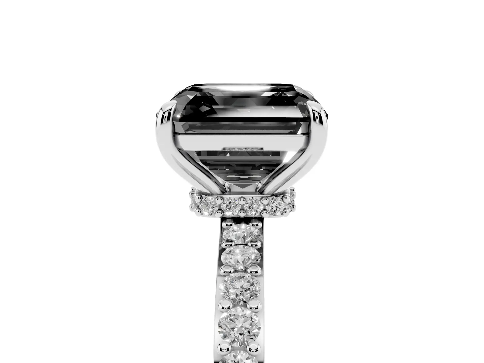 Fancy Black Asscher Cut Diamond Solitaire Engagement Ring with Pavé Band and Four-Prong Setting White gold