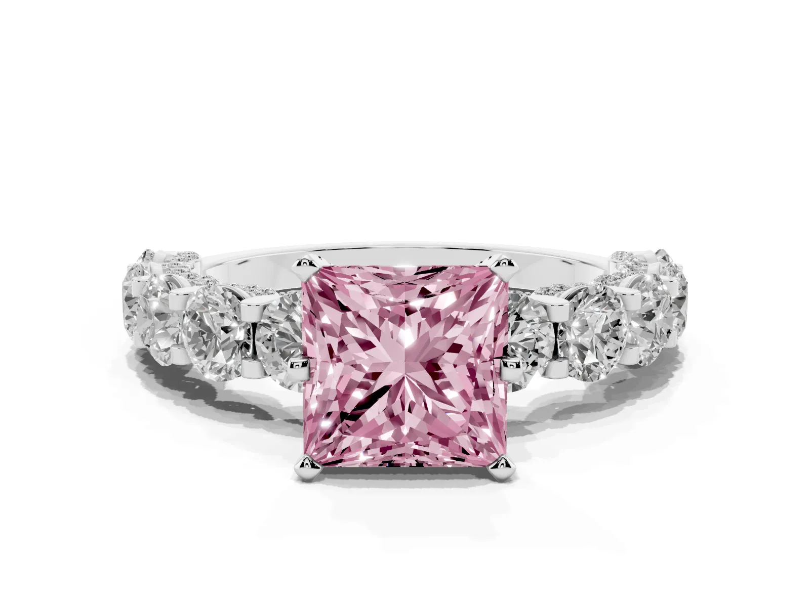 Fancy Pink Princess Cut Diamond Side Stone Engagement Ring with Four-Prong Setting Platinum