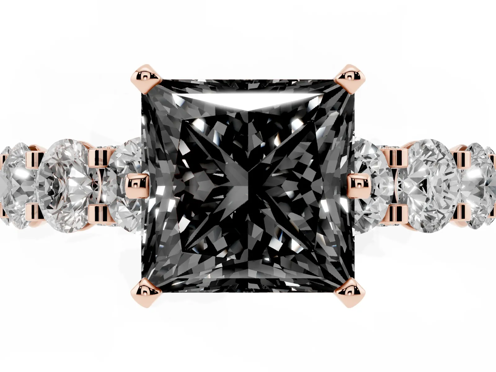 Fancy Black Princess Cut Diamond Side Stone Engagement Ring with Four-Prong Setting Rose gold