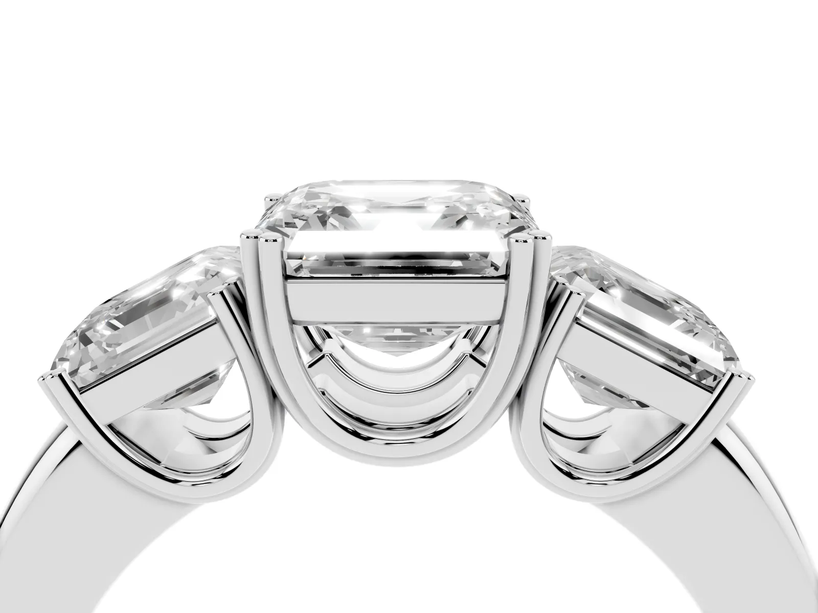 Three-Stone Asscher Cut Cut Diamond Ring with Channel Set Band and Four-Prong Setting White gold