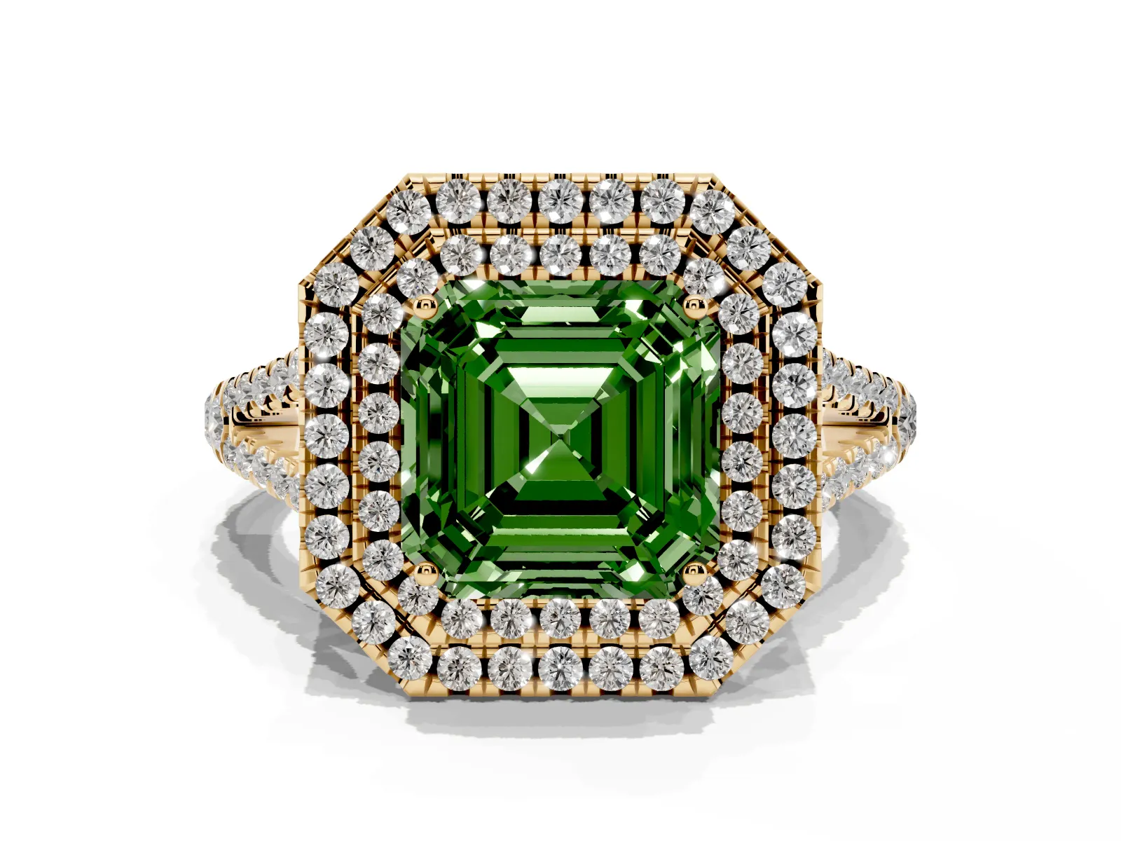 Fancy Green Asscher Cut Diamond Double Halo Ring with Pavé Band and Prong Setting Yellow gold