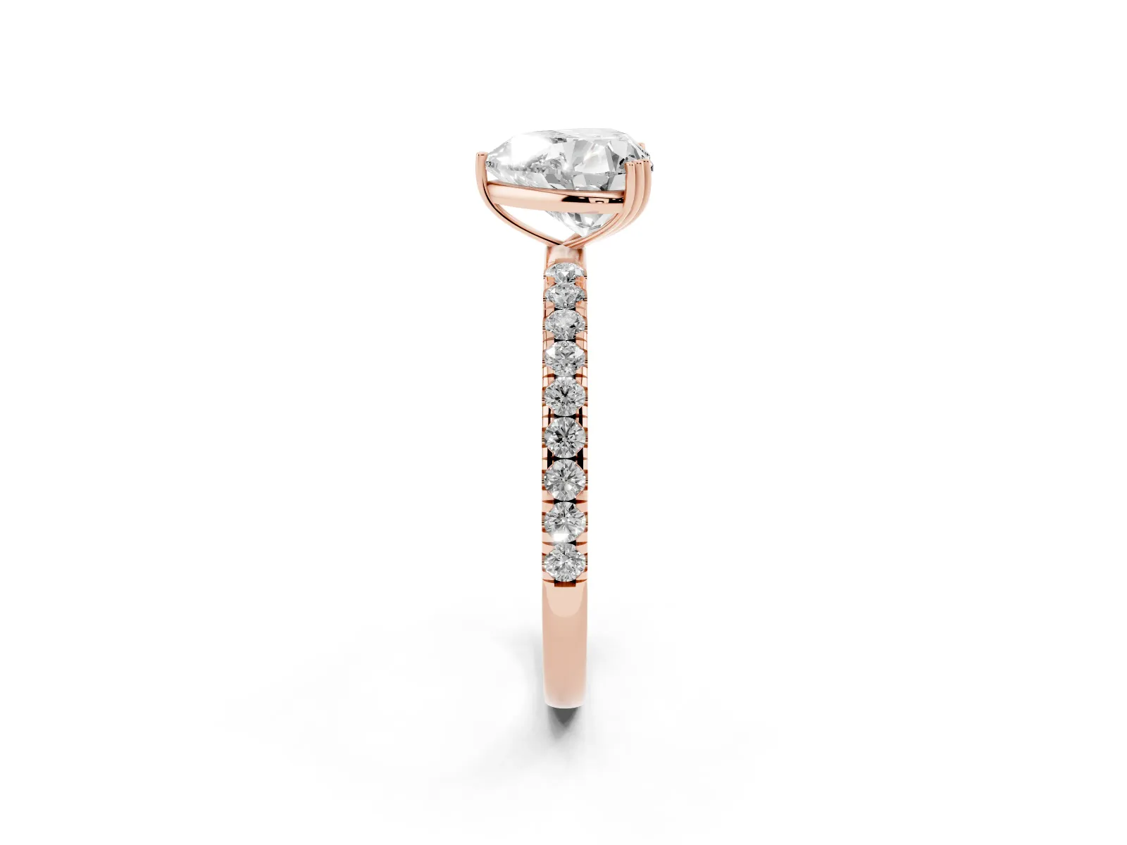 Heart Cut Brilliant Solitaire with Pavé Band and Claw Prong Setting Rose gold