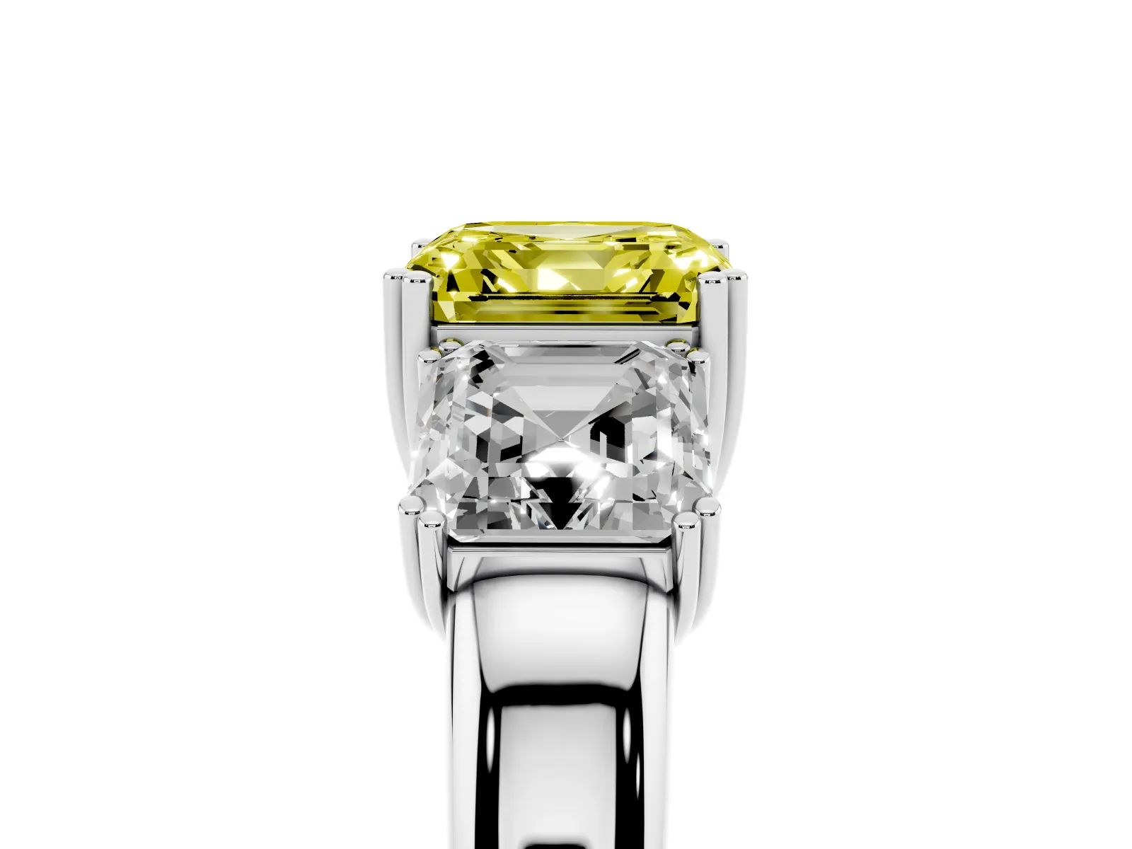 Fancy Yellow Three-Stone Asscher Cut Cut Diamond Ring with Channel Set Band and Four-Prong Setting White gold