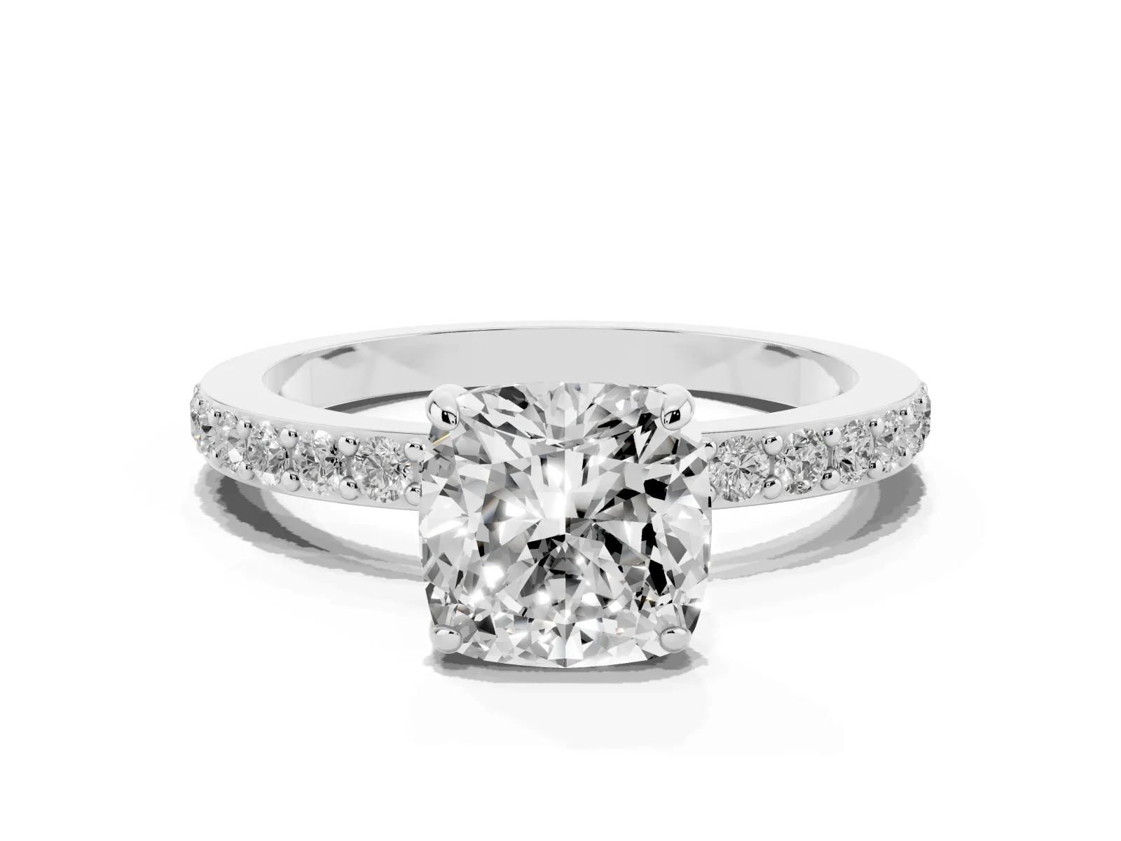 Cushion Cut Diamond Solitaire Engagement Ring with Pavé Band and Four-Prong Setting White gold