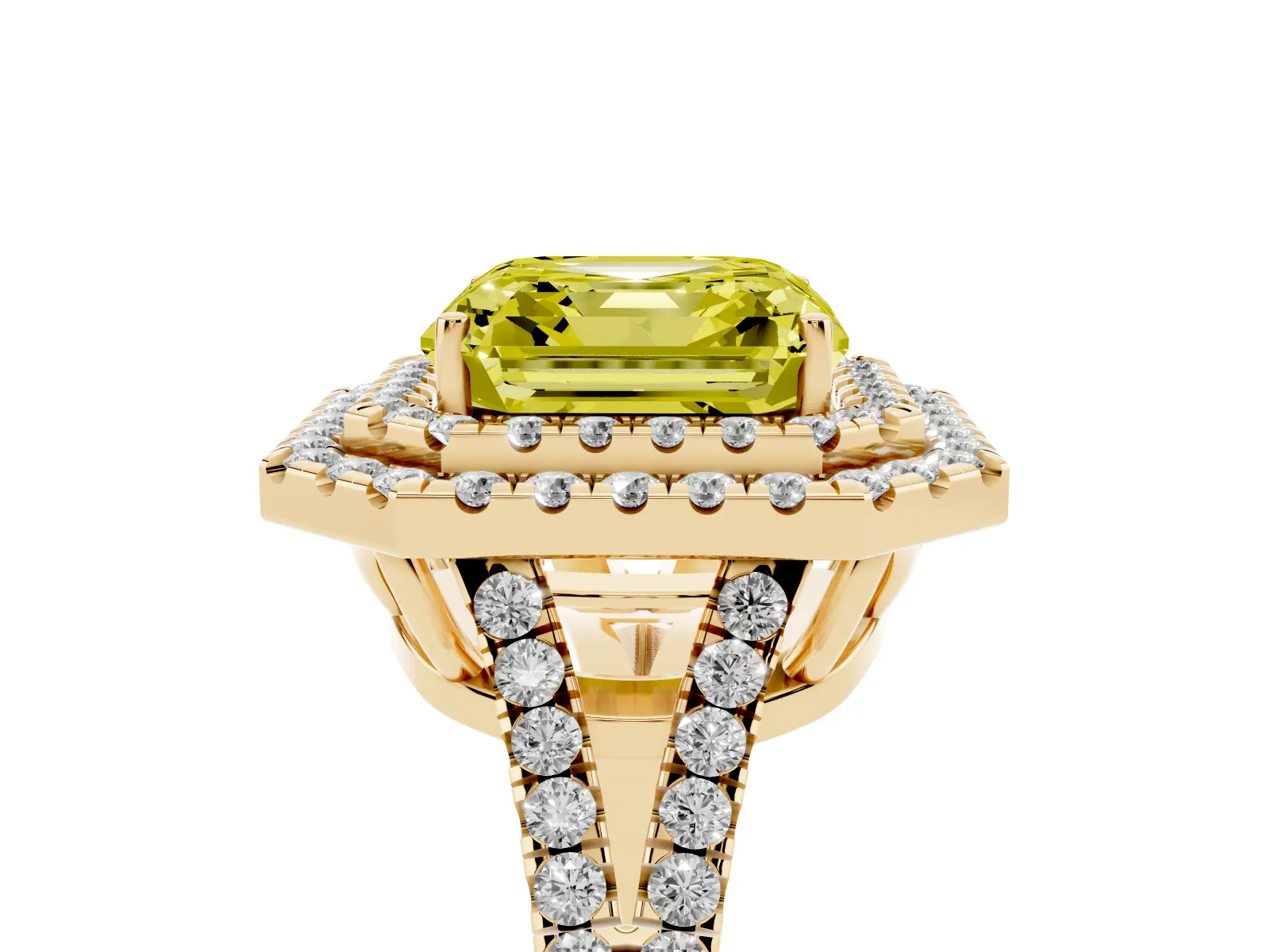 Fancy Yellow Asscher Cut Diamond Double Halo Ring with Pavé Band and Prong Setting Yellow gold