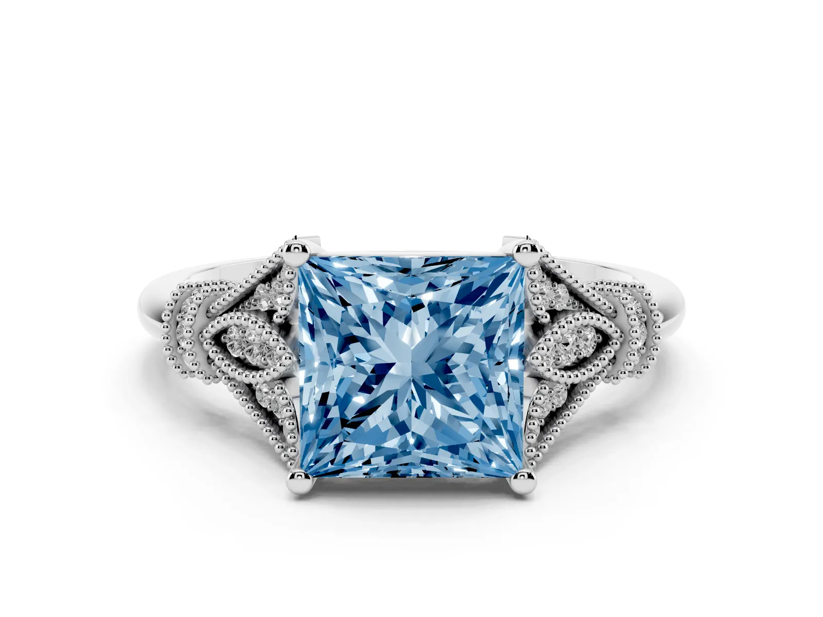 Fancy Blue Princess Cut Diamond Solitaire Ring with Floral Filigree and Pave Accents Platinum