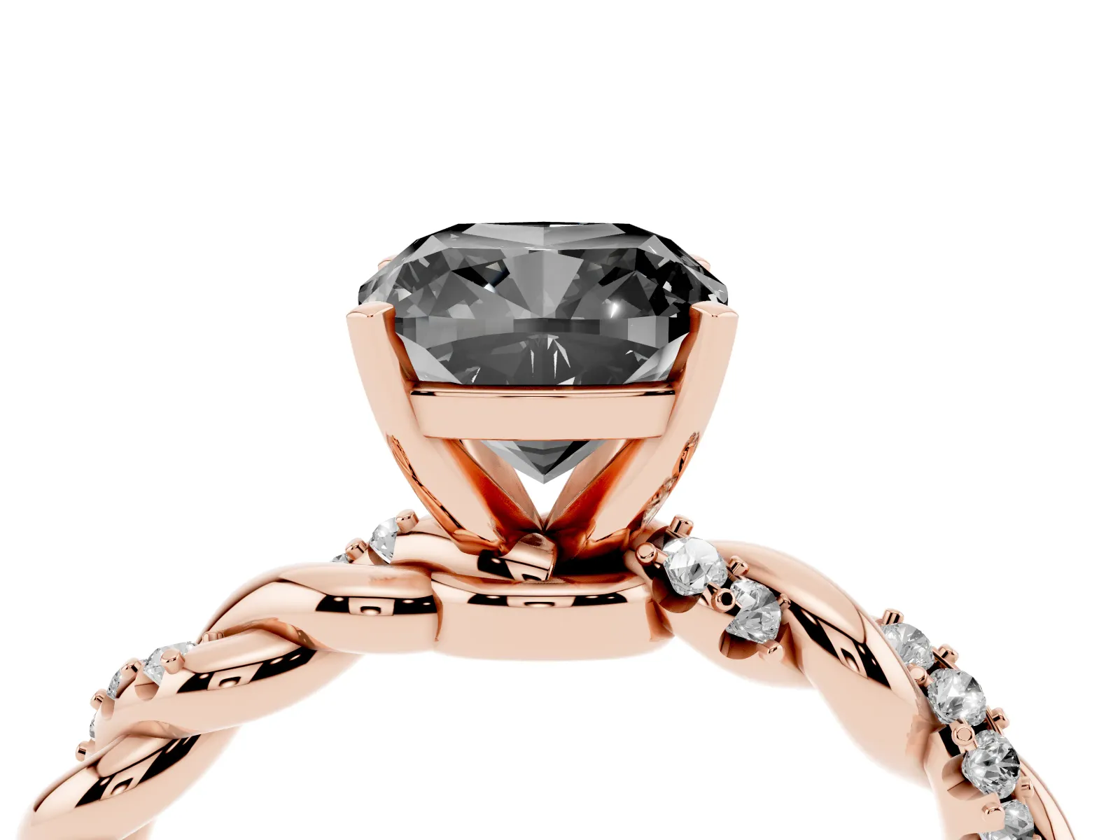 Fancy Black Cushion Cut Diamond Solitaire Ring with Twisted Band and Pavé Accents Rose gold