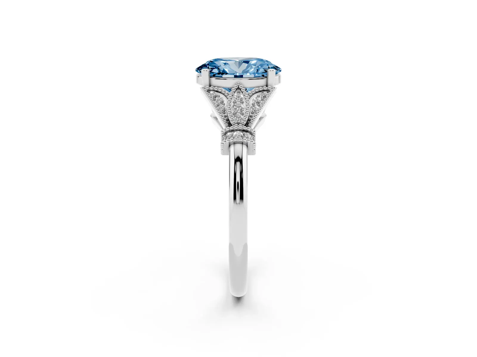Fancy Blue Oval Cut Diamond Solitaire Ring with Floral Filigree and Pave Accents White gold