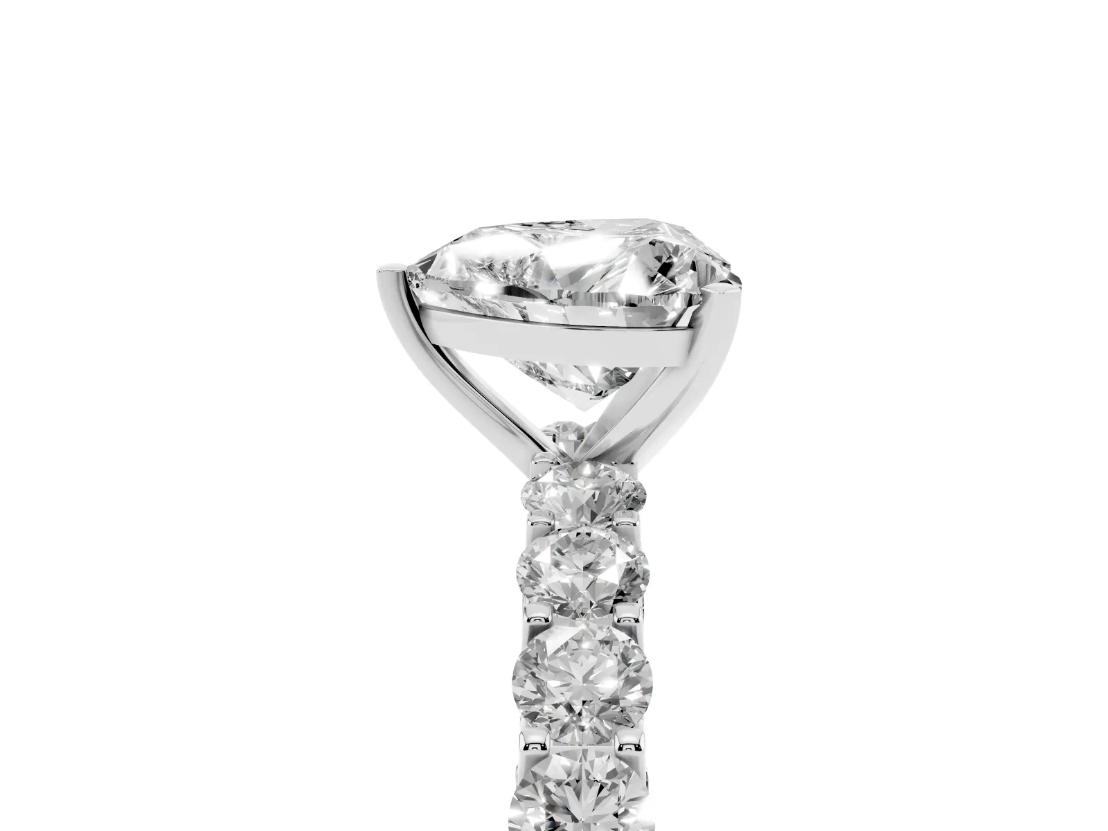 Heart Cut Diamond Solitaire Ring with Shared Prong Pavé Band and Four-Prong Setting White gold