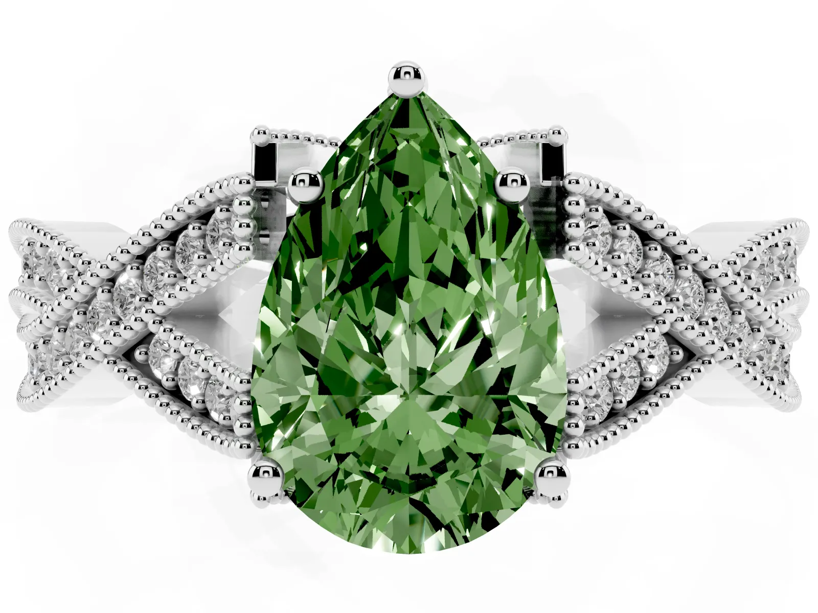 Fancy Green Pear Cut Cut Diamond Twisted Band with Milgrain Pave Setting and Four-Prong Setting Platinum