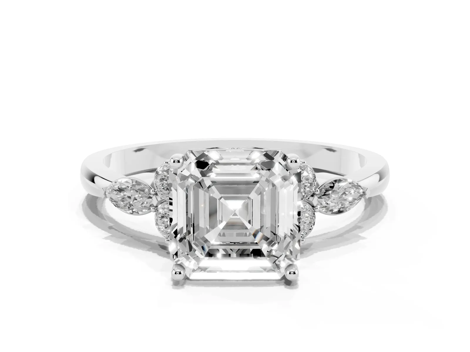 Asscher Cut Brilliant Diamond Solitaire Ring with Pear Side Stones and Four-Prong Setting Platinum