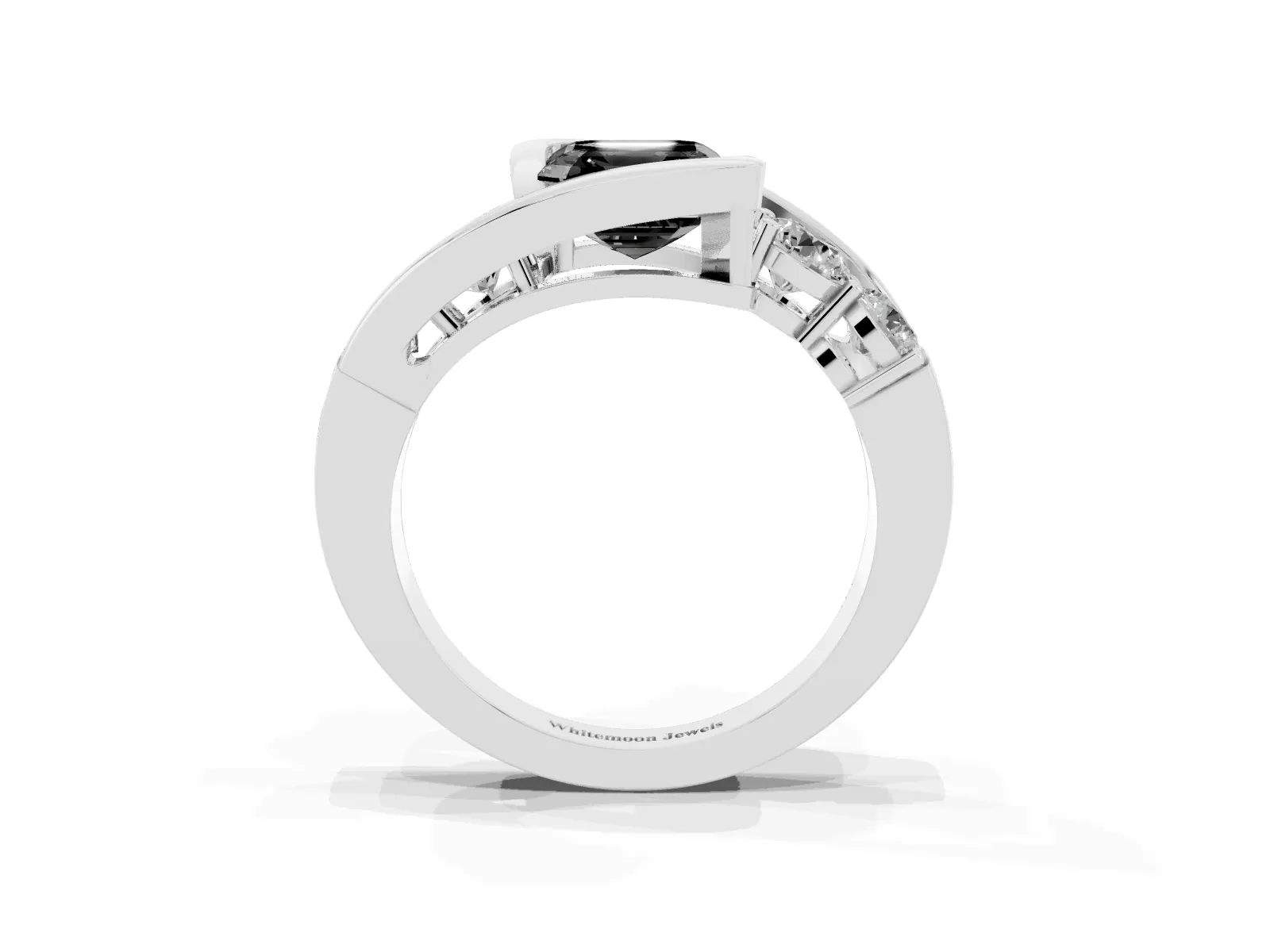 Fancy Black Bezel Set Asscher Cut Diamond Bypass Ring with Round Accents Platinum