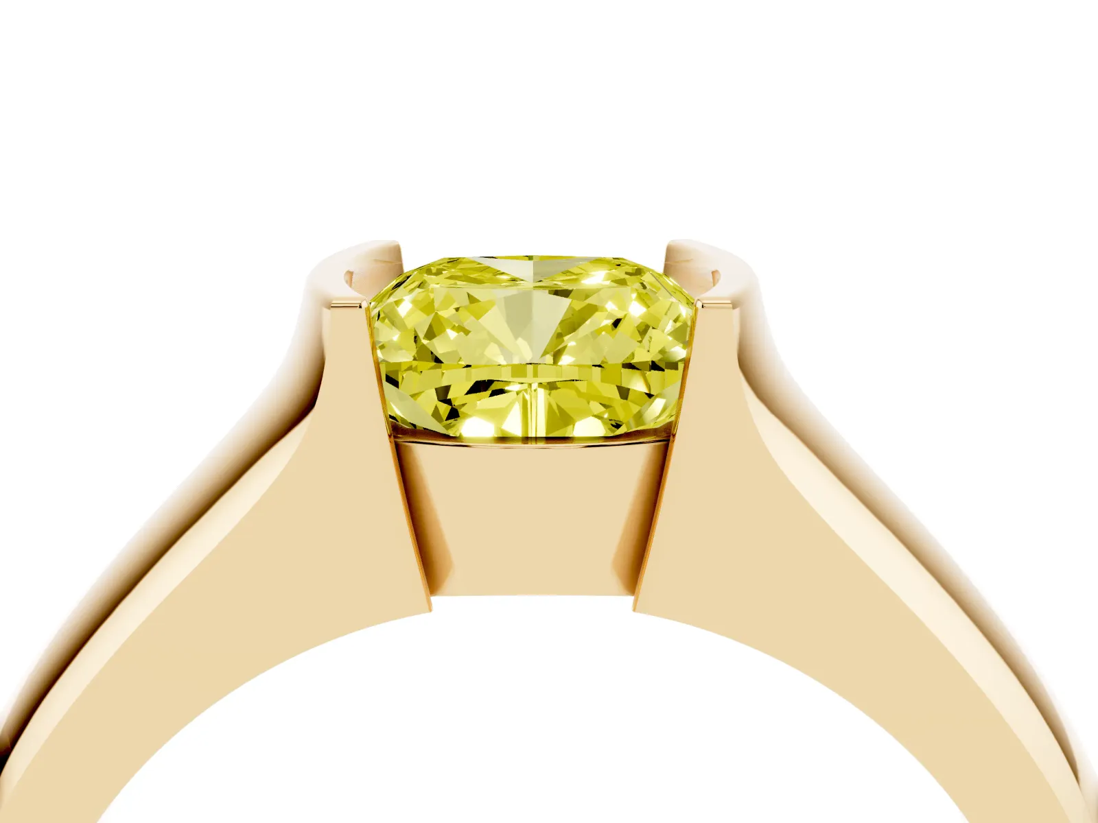 Fancy Yellow Cushion Cut Solitaire Bezel Set Diamond Ring with Wide Band Yellow gold