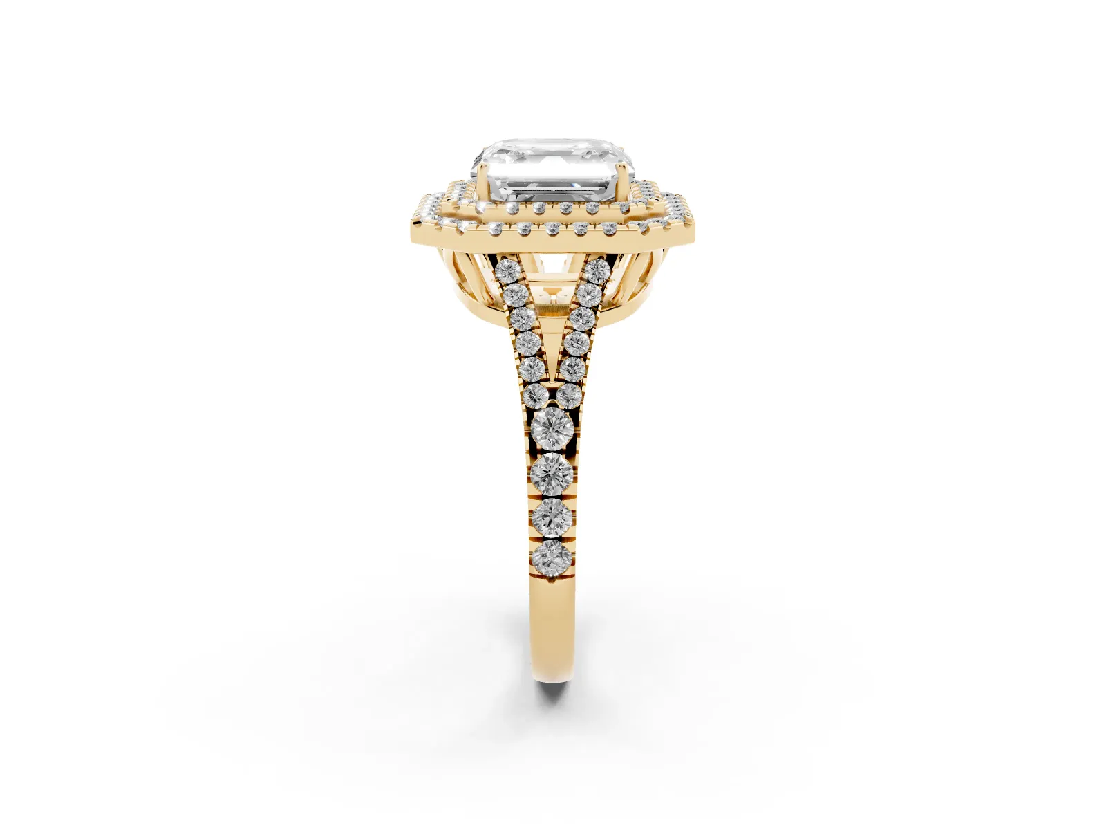 Asscher Cut Diamond Double Halo Ring with Pavé Band and Prong Setting Yellow gold