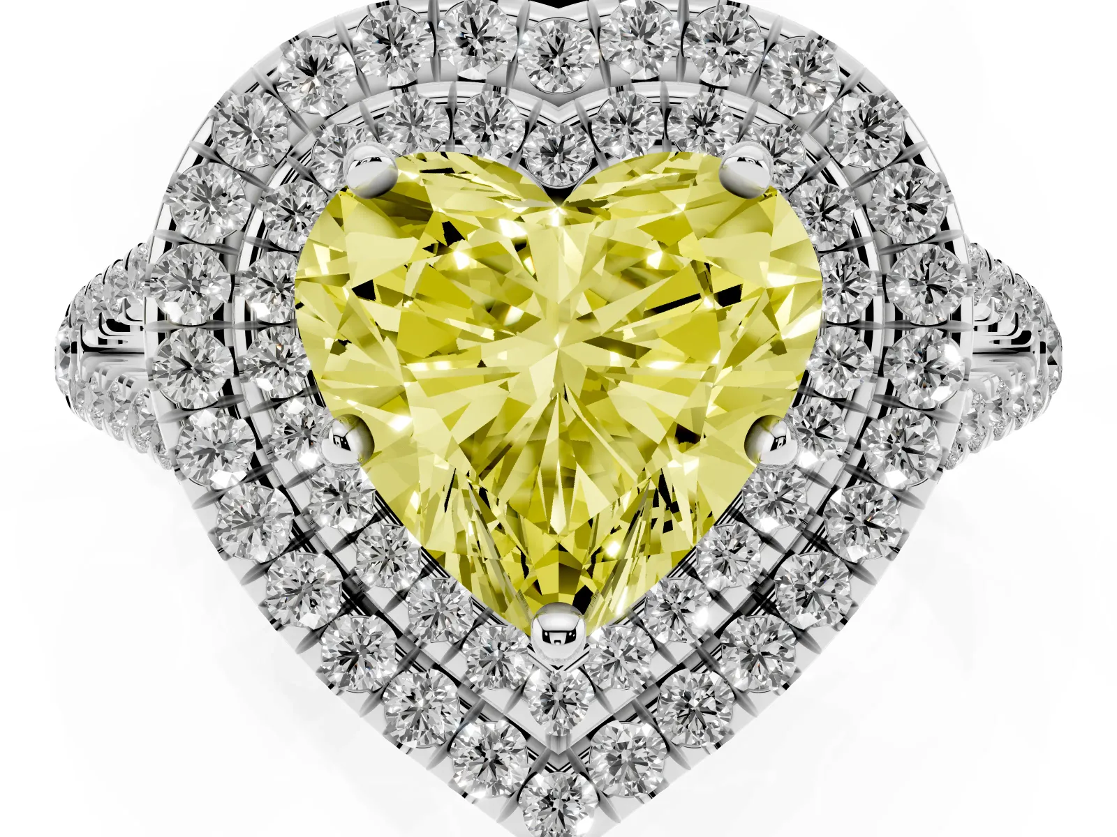 Fancy Yellow Heart Cut Diamond Double Halo Ring with Pavé Band and Prong Setting Platinum