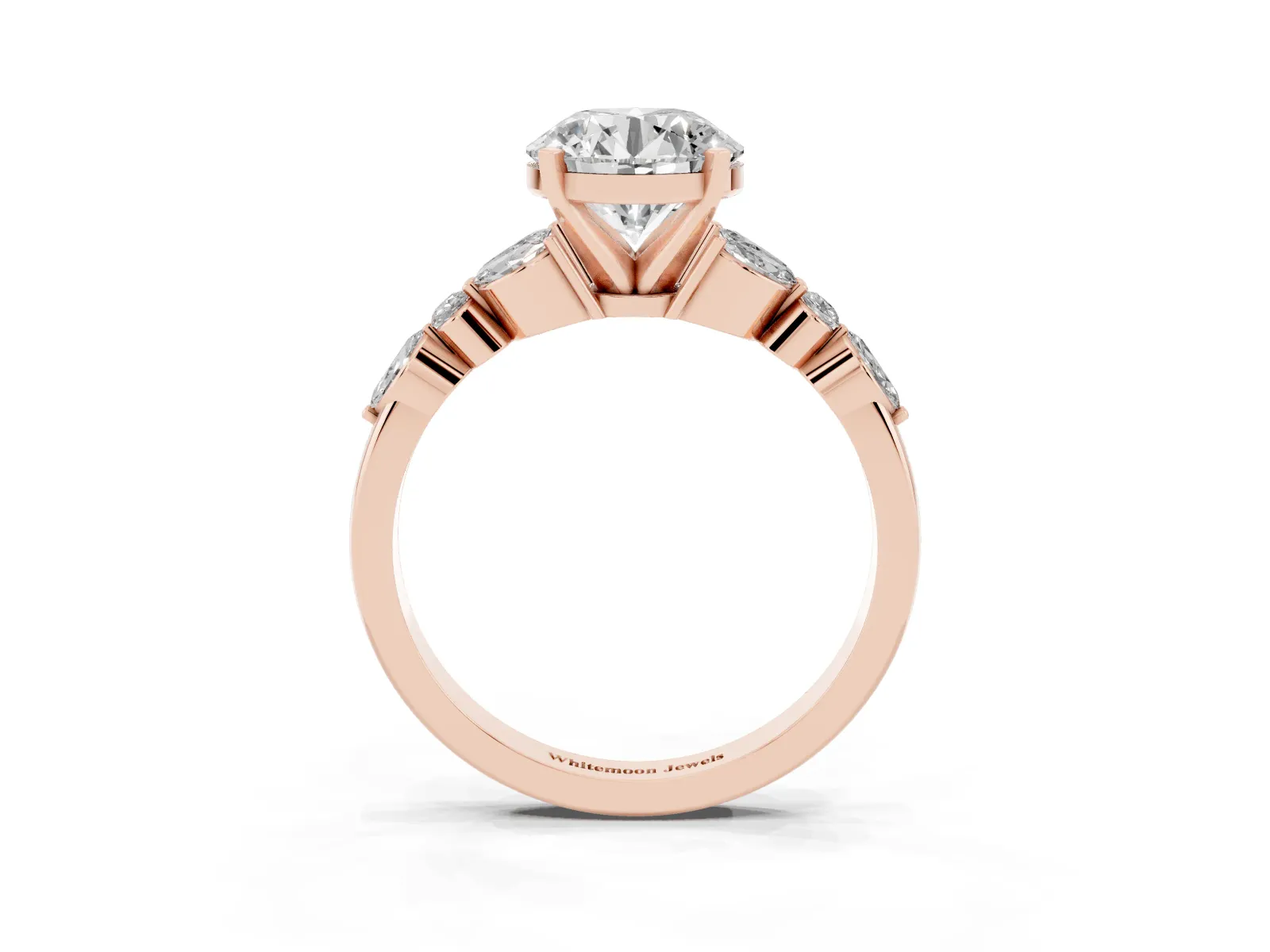 Round Cut Diamond Solitaire Ring with Side Stones and Four-Prong Setting Rose gold