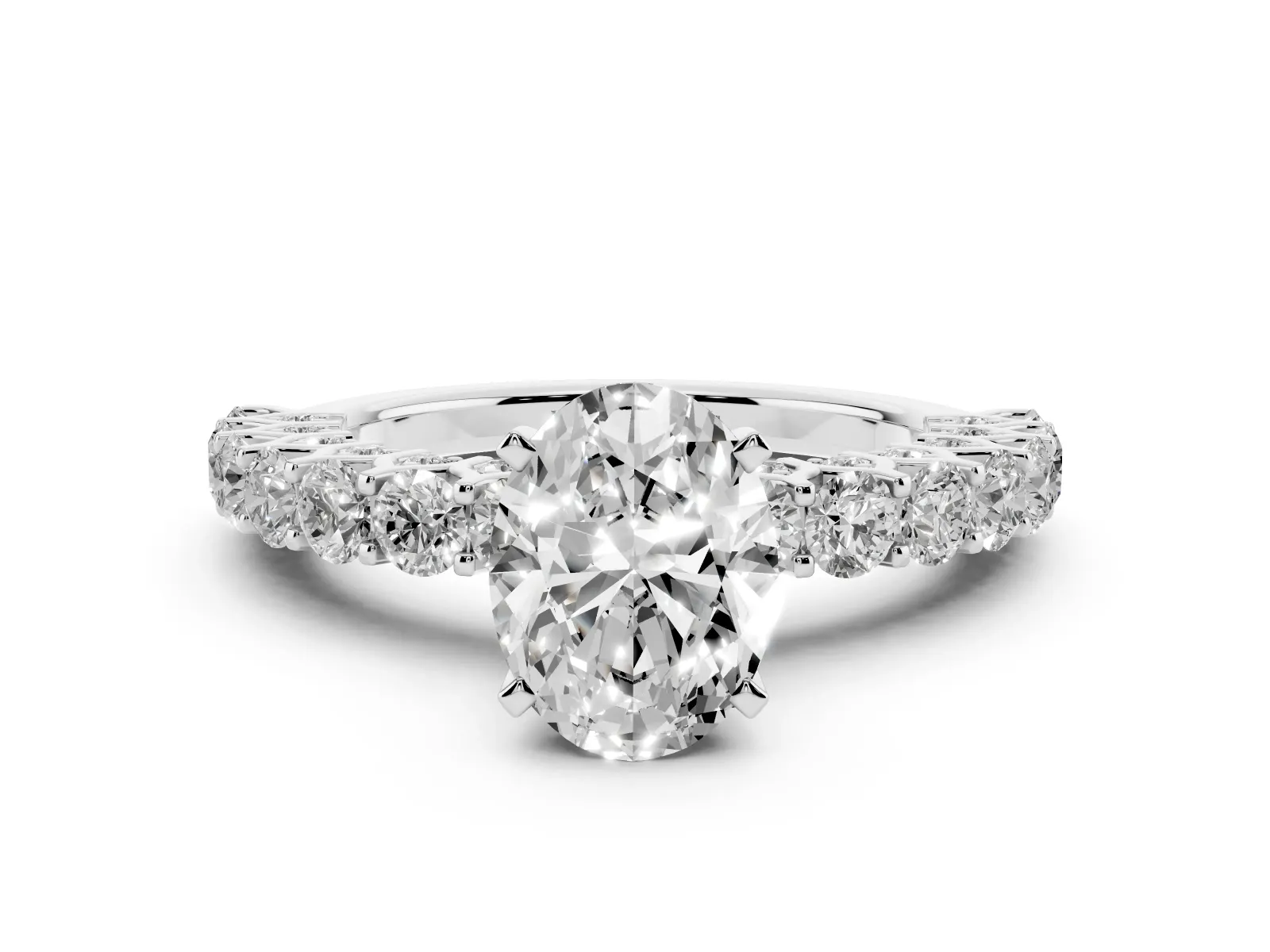 Oval Cut Diamond Solitaire Ring with Shared Prong Pavé Band and Four-Prong Setting White gold