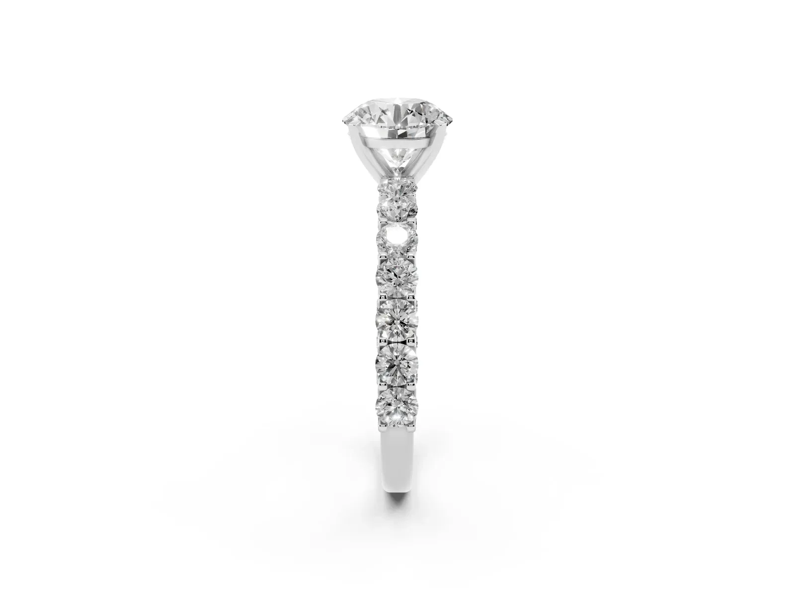 Round Cut Diamond Solitaire Ring with Shared Prong Pavé Band and Four-Prong Setting White gold