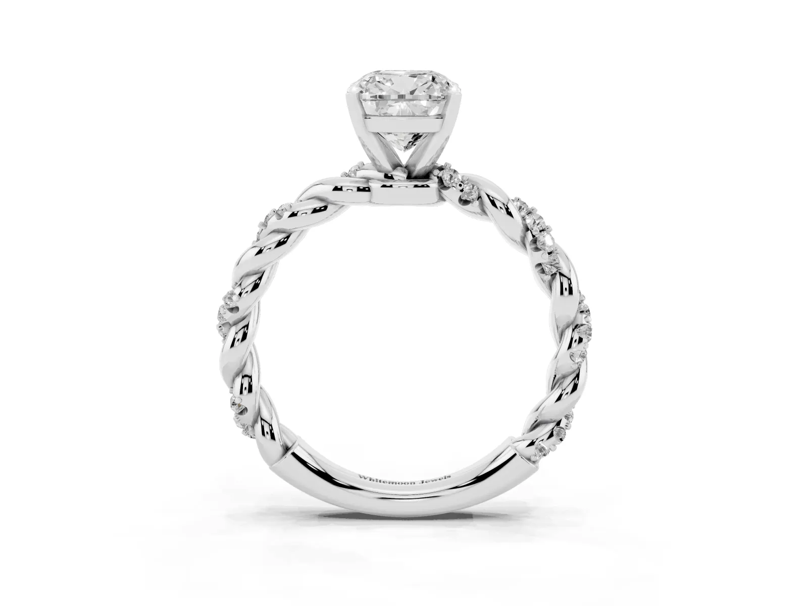 Cushion Cut Diamond Solitaire Ring with Twisted Band and Pavé Accents White gold