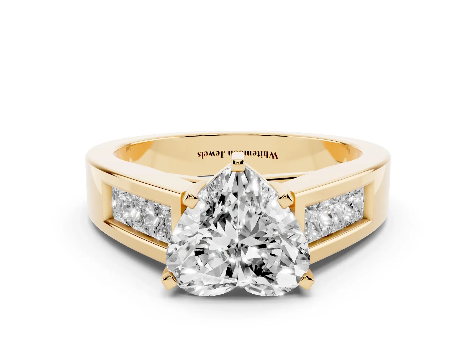 Heart Cut Cut Channel Set Solitaire Ring with Four-Prong Setting Yellow gold