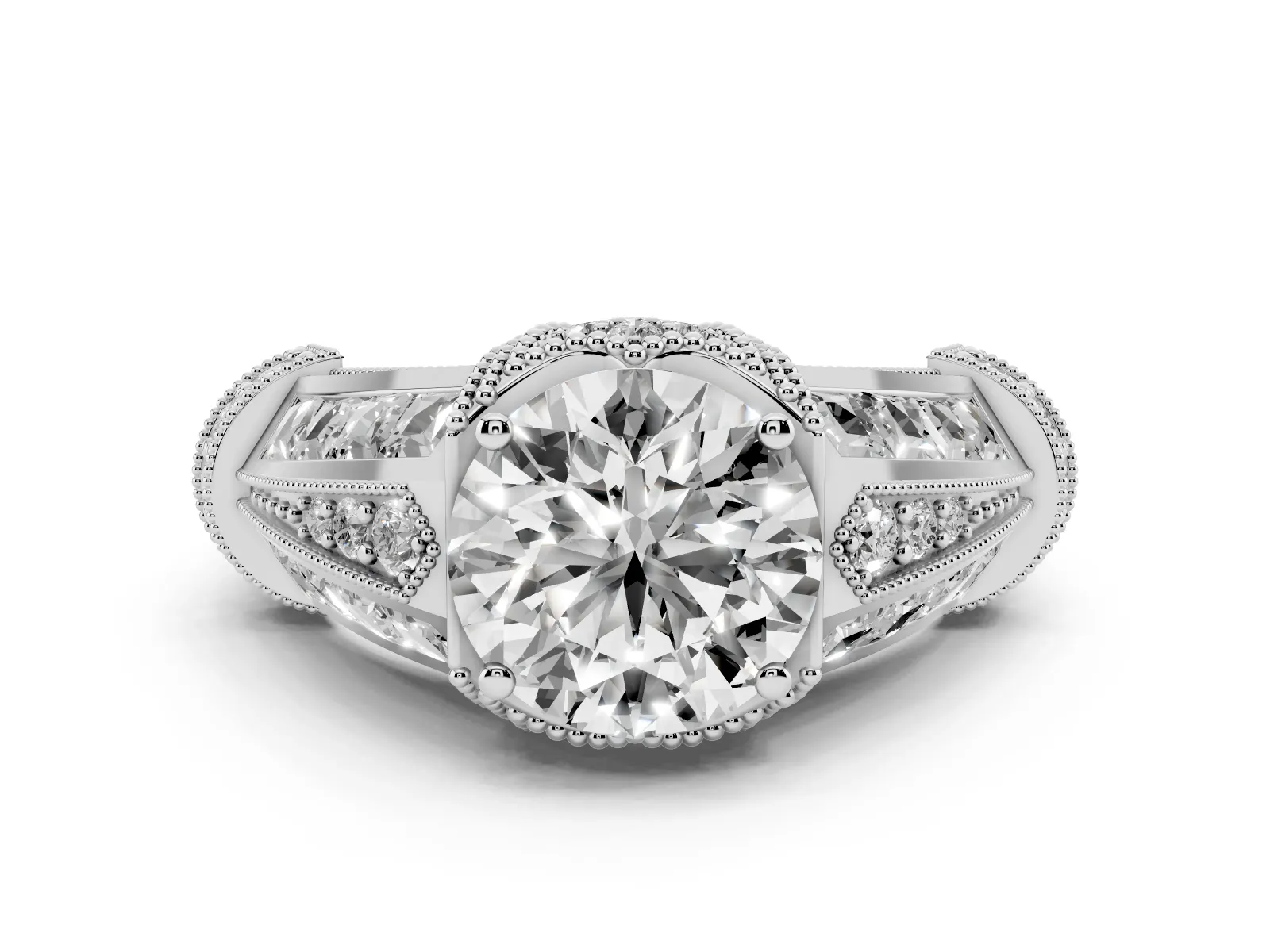 Vintage Milgrain Round Cut Diamond Split Shank Ring with Prong Setting Silver
