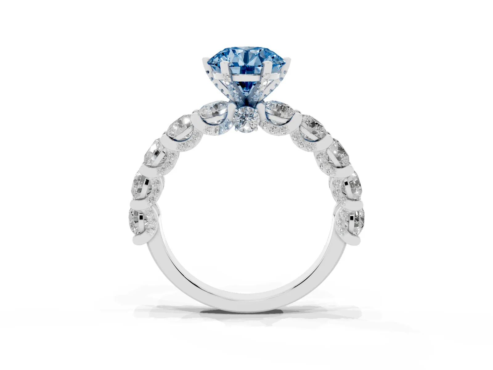 Fancy Blue Round Cut Diamond Side Stone Engagement Ring with Four-Prong Setting Platinum