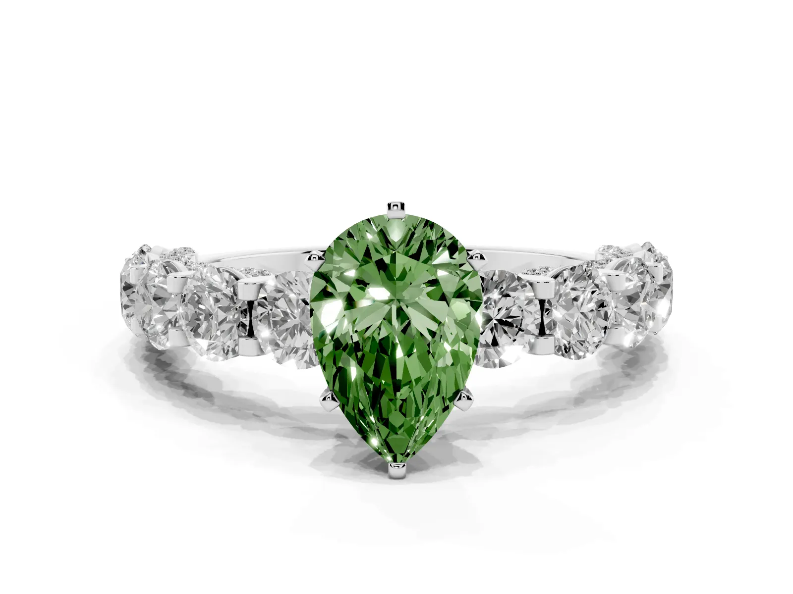 Fancy Green Pear Cut Diamond Side Stone Engagement Ring with Four-Prong Setting Platinum