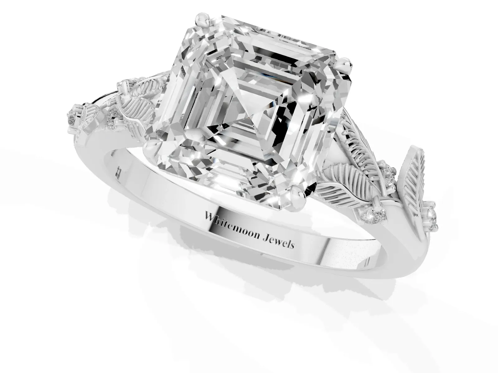 Asscher Cut Diamond Solitaire Ring with Leaf Motif Band and Four-Prong Setting White gold