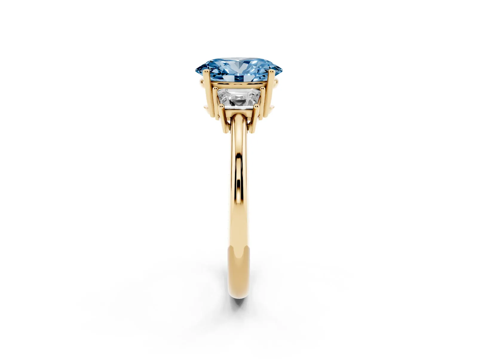 Fancy Blue Oval Cut Diamond Three-Stone Ring with Trapezoid Side Stones and Prong Setting Yellow gold