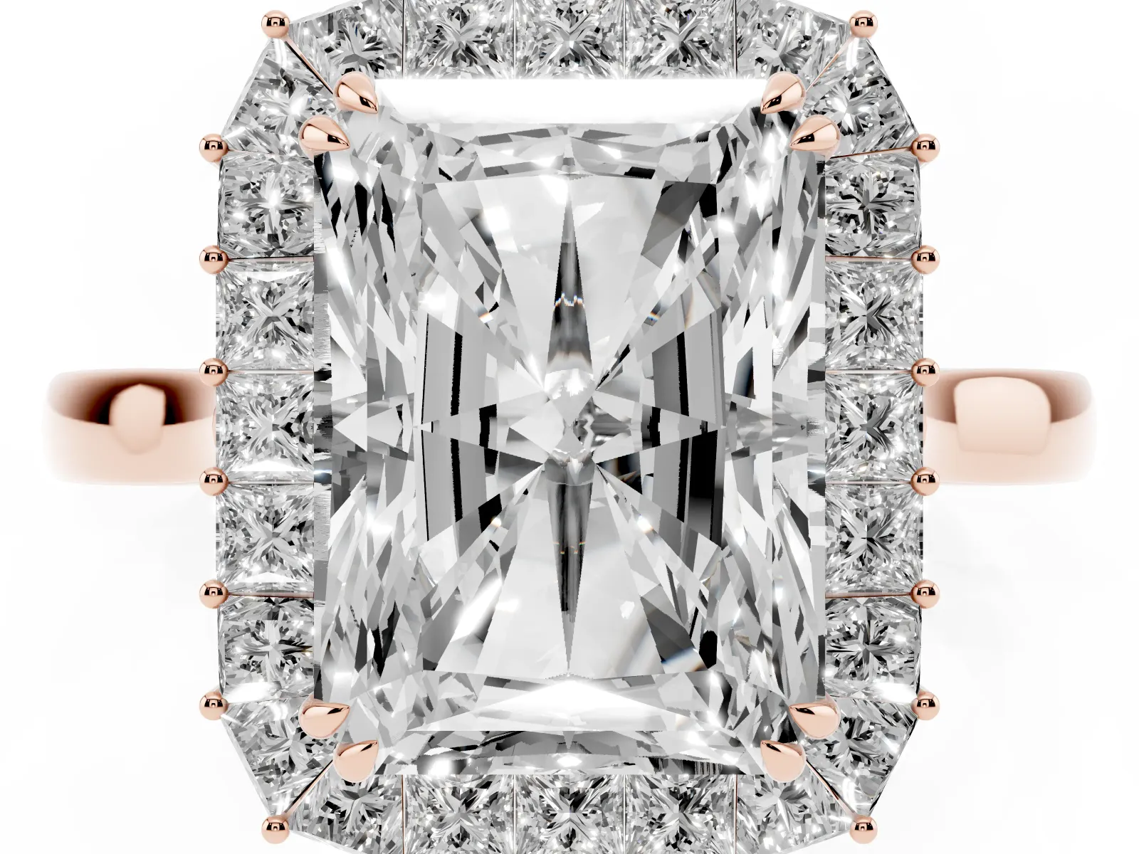 Radiant Diamond Baguette Halo Engagement Ring Rose gold