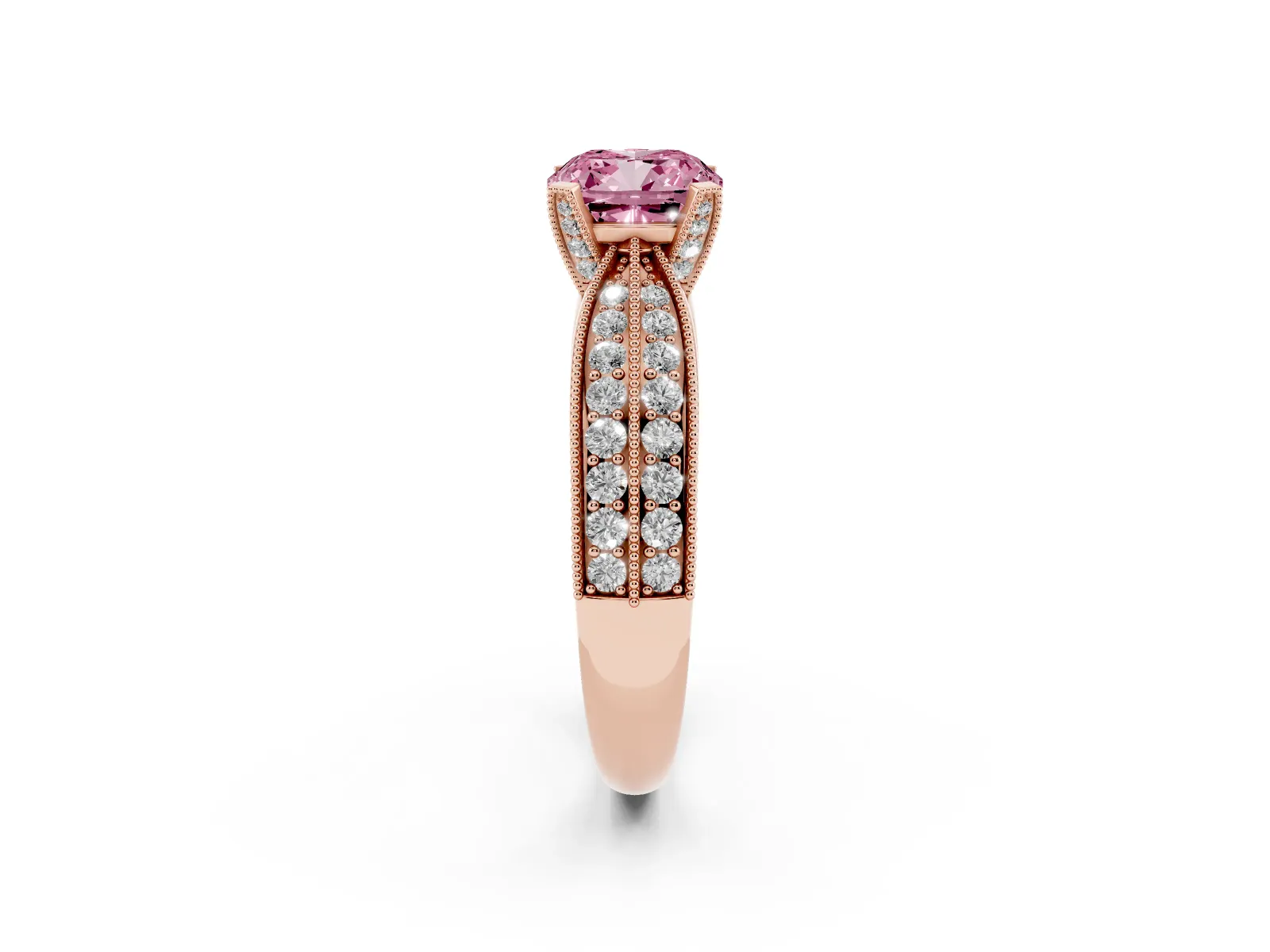Fancy Pink Cushion Cut Diamond Solitaire Ring with Milgrain Round Pavé Band and Prong Setting Rose gold