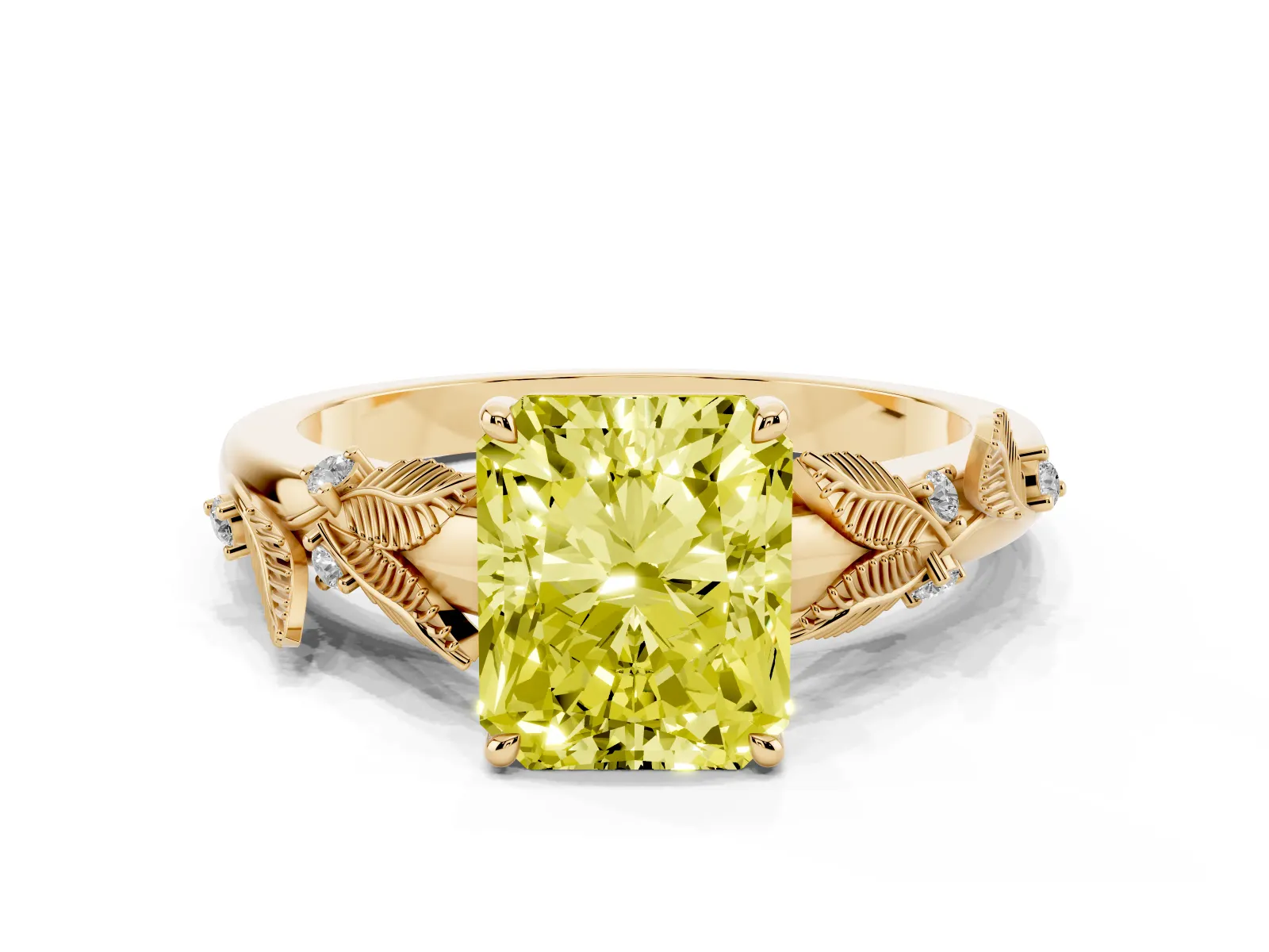 Fancy Yellow Radiant Cut Diamond Solitaire Ring with Leaf Motif Band and Four-Prong Setting Yellow gold