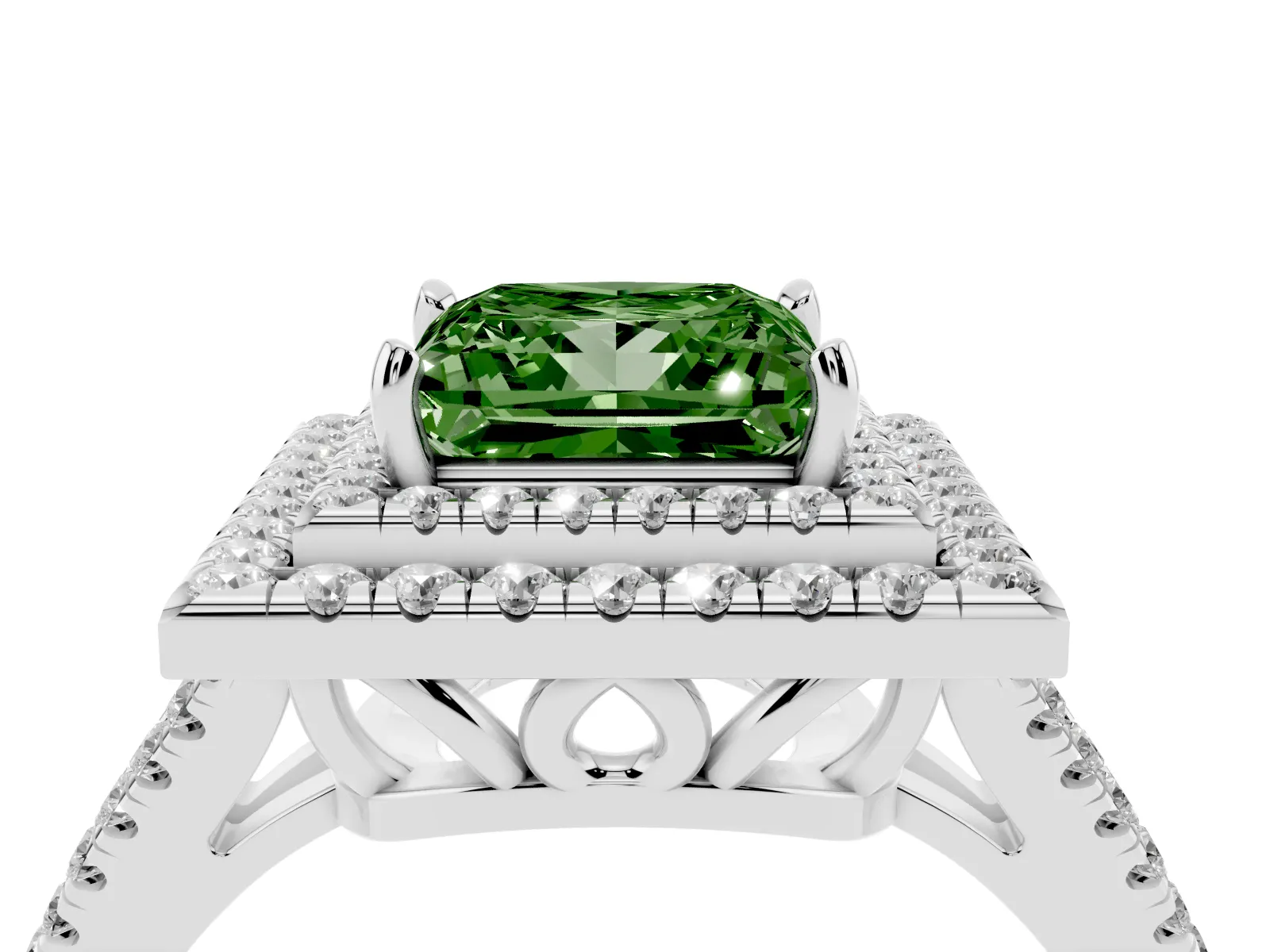 Fancy Green Princess Cut Diamond Double Halo Ring with Pavé Band and Prong Setting Platinum