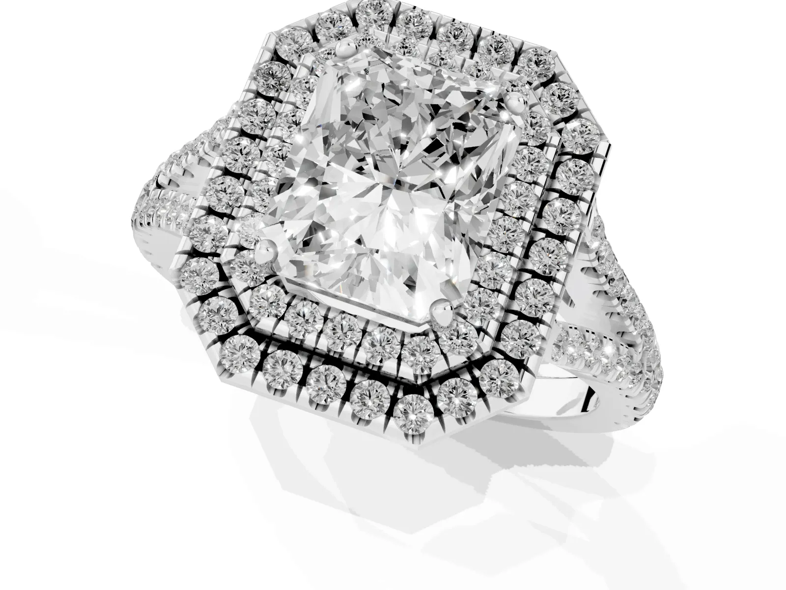Radiant Cut Diamond Double Halo Ring with Pavé Band and Prong Setting Platinum