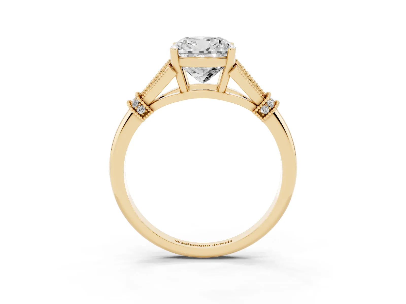 Cushion Cut Diamond Solitaire Ring with Floral Filigree and Pave Accents Yellow gold