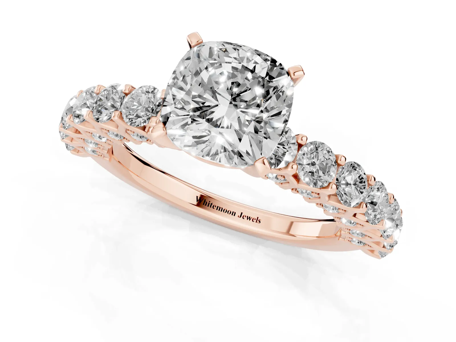 Cushion Cut Diamond Solitaire Ring with Shared Prong Pavé Band and Four-Prong Setting Rose gold