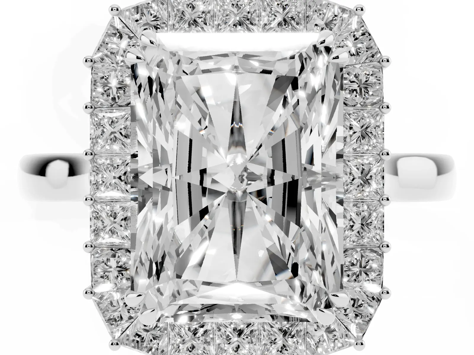 Radiant Diamond Baguette Halo Engagement Ring Silver