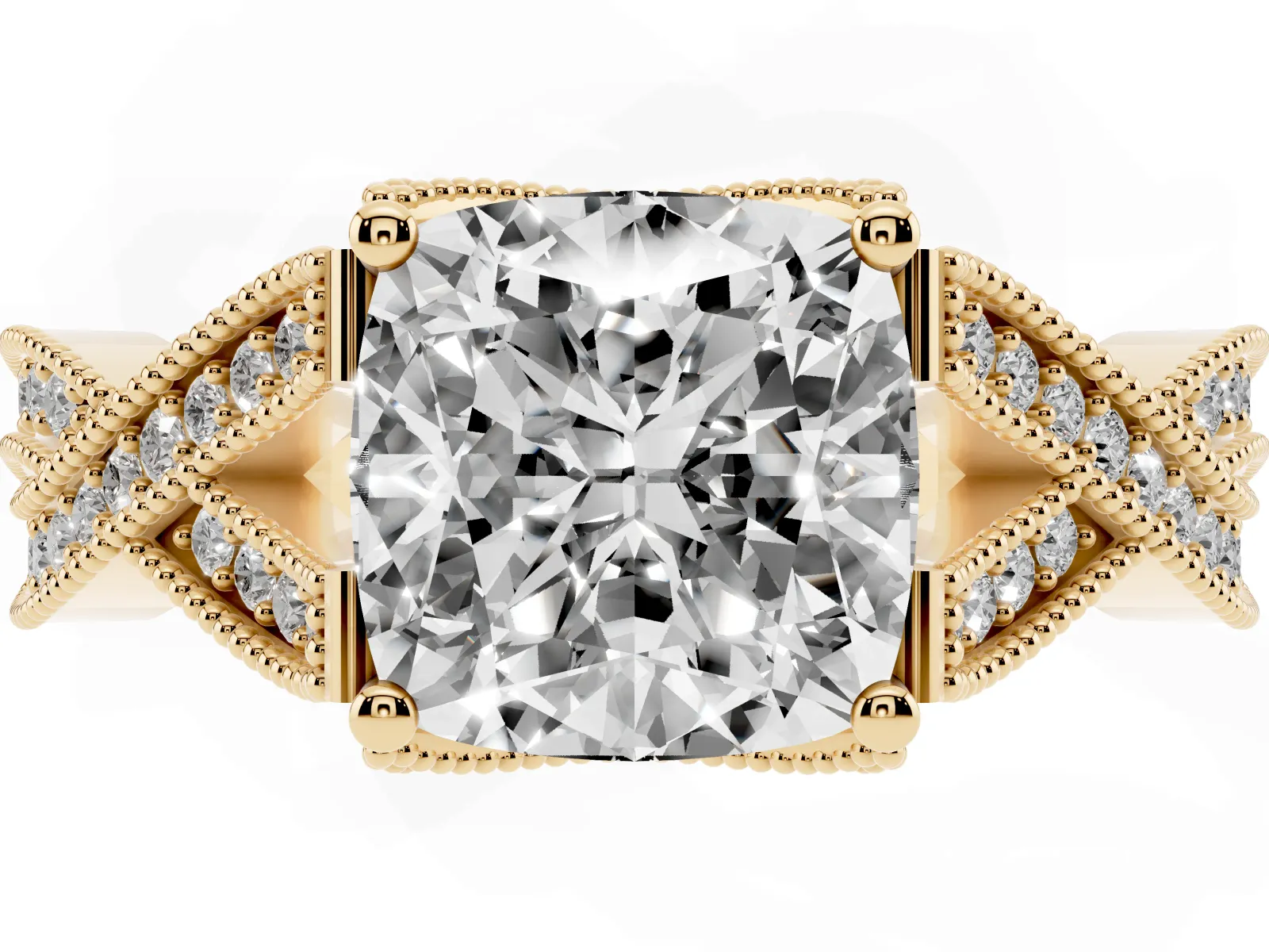 Cushion Cut Cut Diamond Twisted Band with Milgrain Pave Setting and Four-Prong Setting Yellow gold