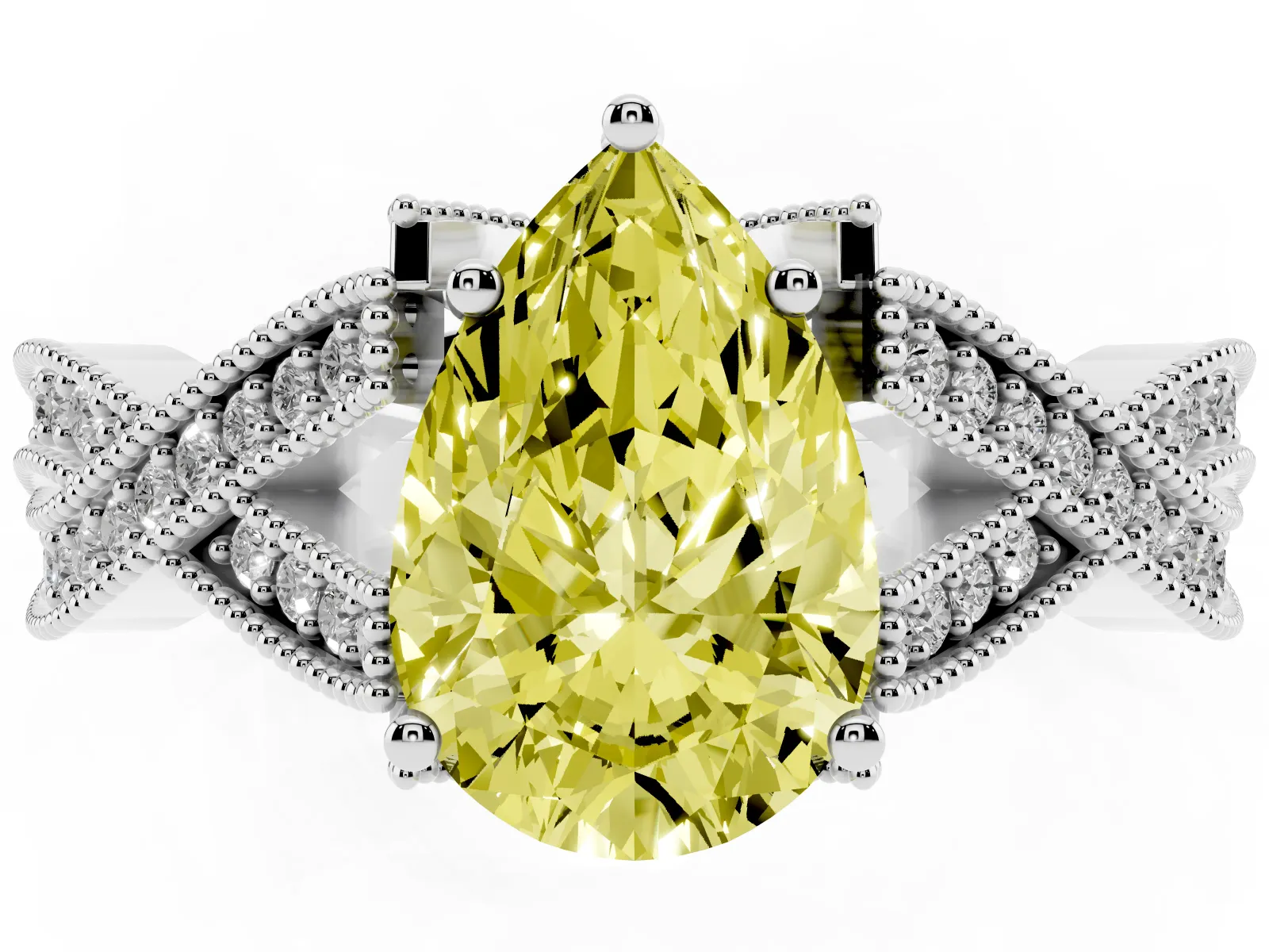 Fancy Yellow Pear Cut Cut Diamond Twisted Band with Milgrain Pave Setting and Four-Prong Setting Platinum