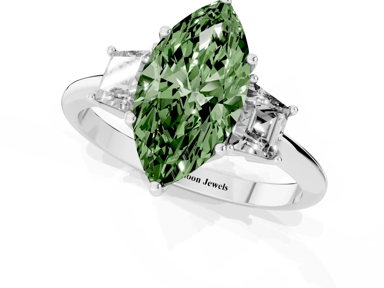 Fancy Green Marquise Cut Diamond Three-Stone Ring with Trapezoid Side Stones and Prong Setting Platinum