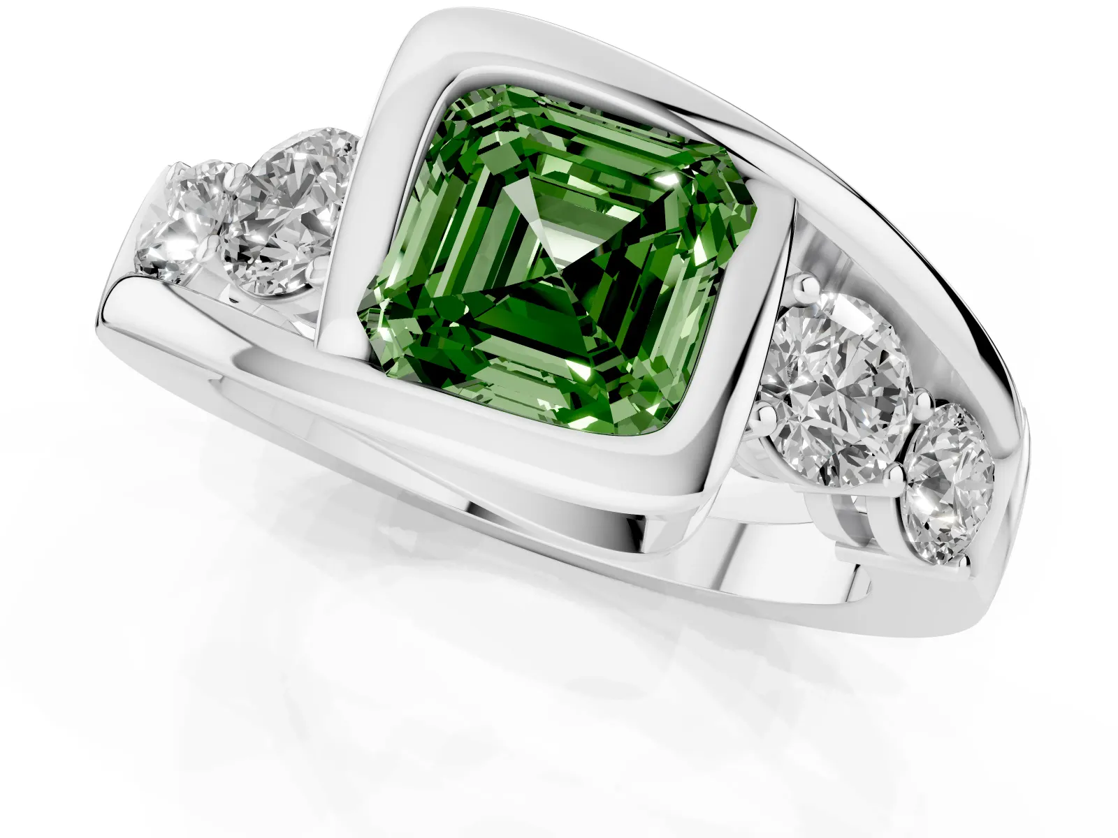 Fancy Green Bezel Set Asscher Cut Diamond Bypass Ring with Round Accents Platinum