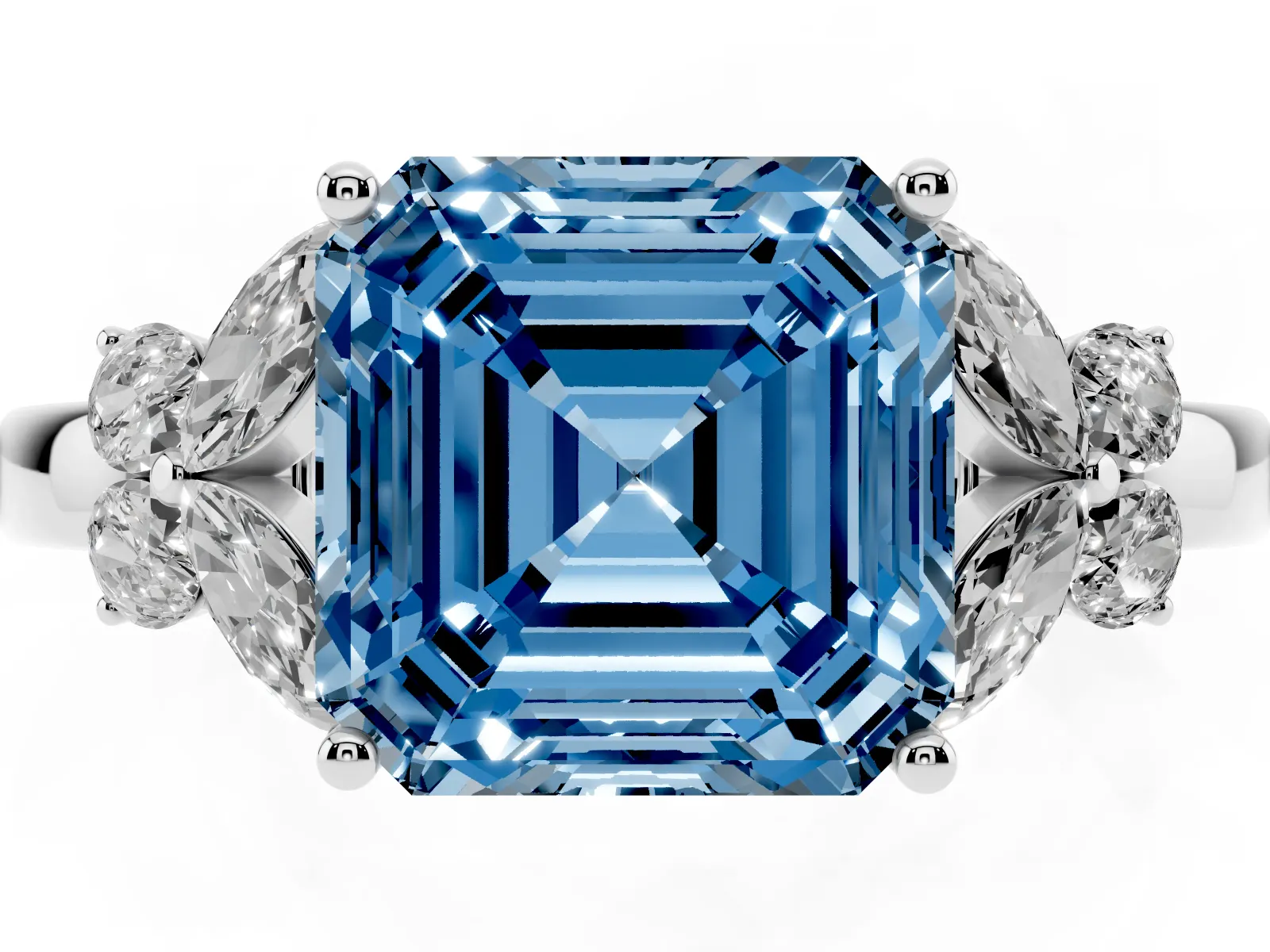 Fancy Blue Asscher Cut Cut Solitaire Floral Diamond Ring with Four-Prong Setting Platinum