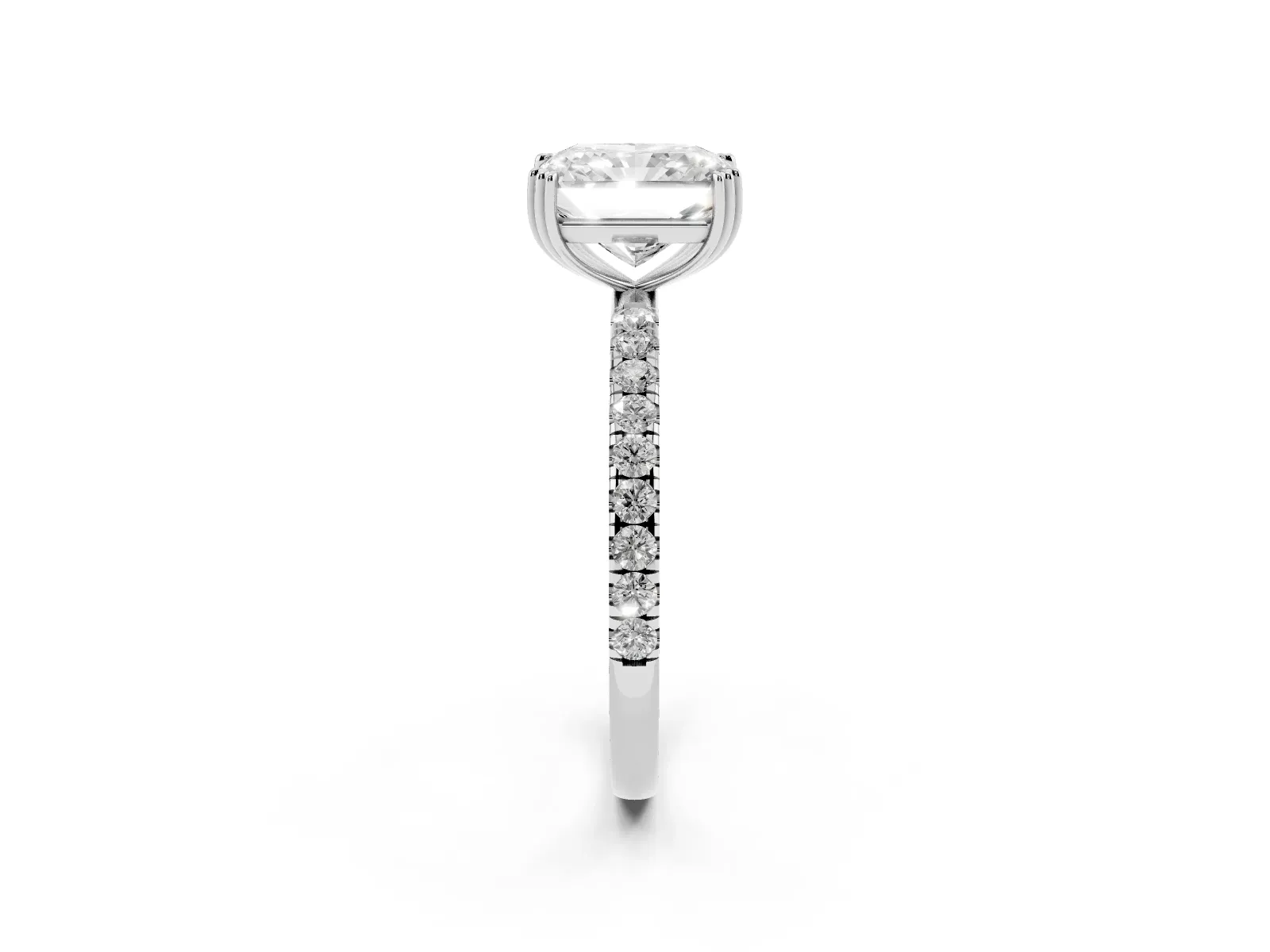 Radiant Cut Brilliant Solitaire with Pavé Band and Claw Prong Setting Silver