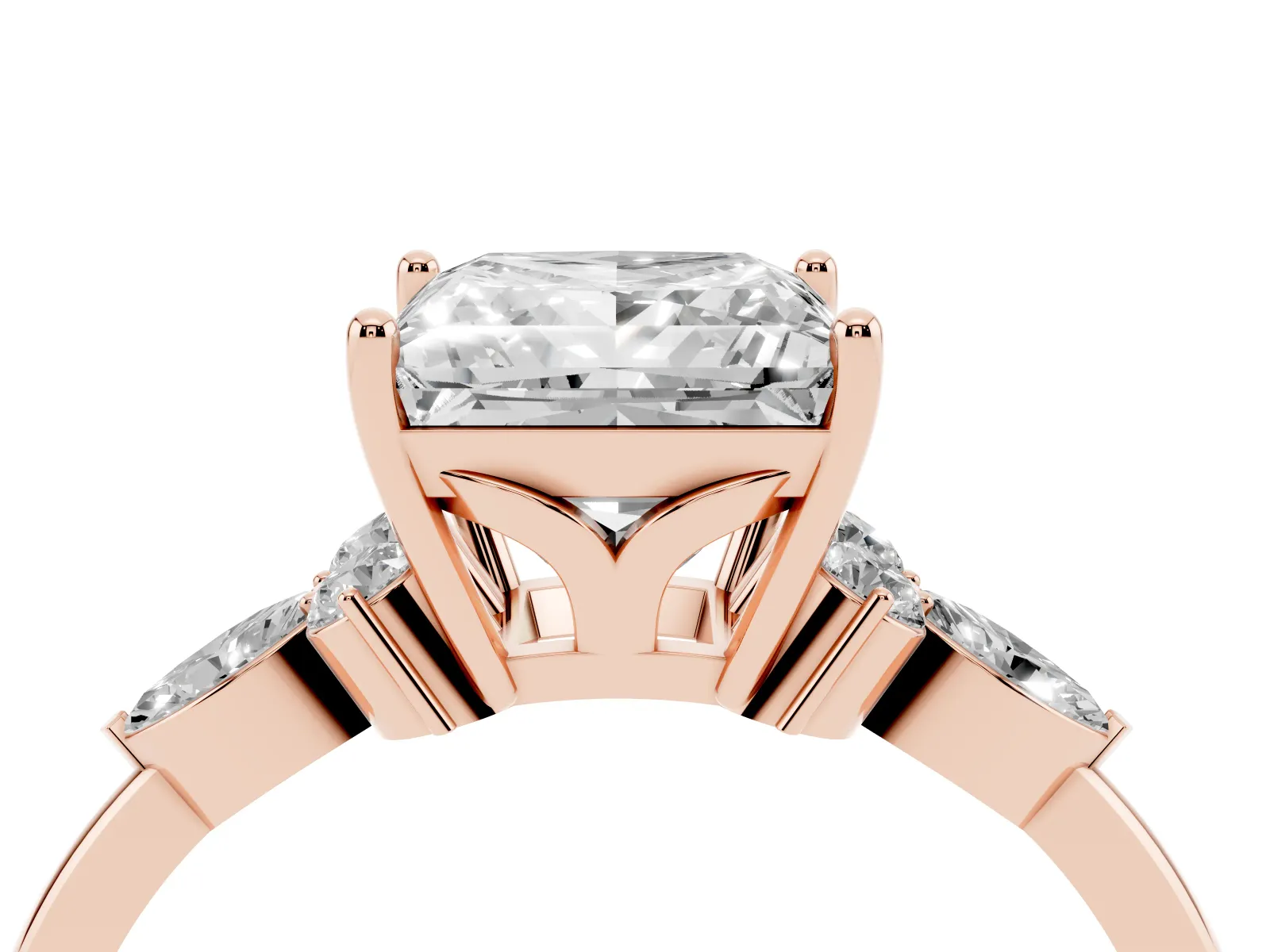 Princess Cut Brilliant Diamond Solitaire Ring with Pear Side Stones and Four-Prong Setting Rose gold