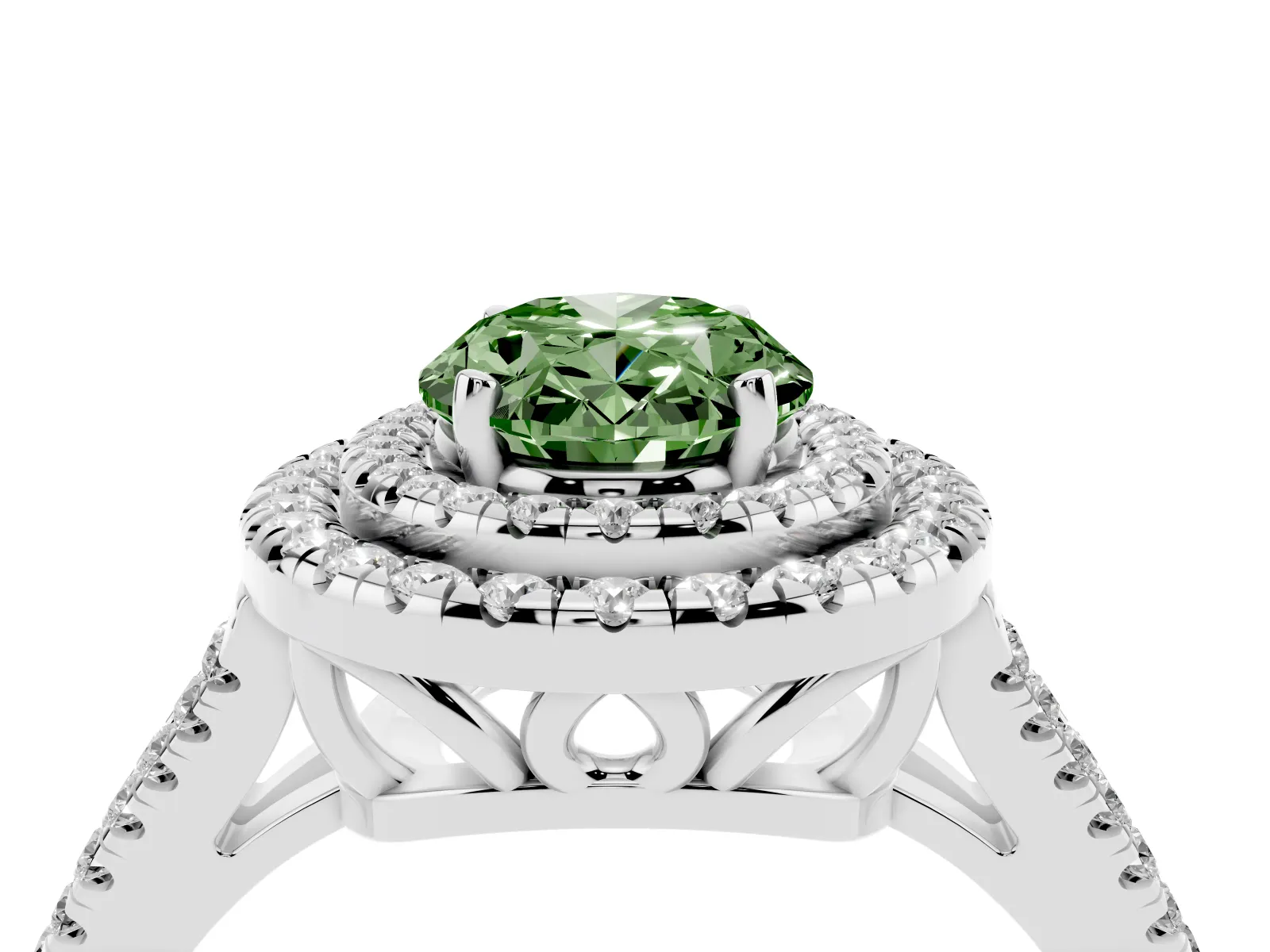 Fancy Green Oval Cut Diamond Double Halo Ring with Pavé Band and Prong Setting Platinum