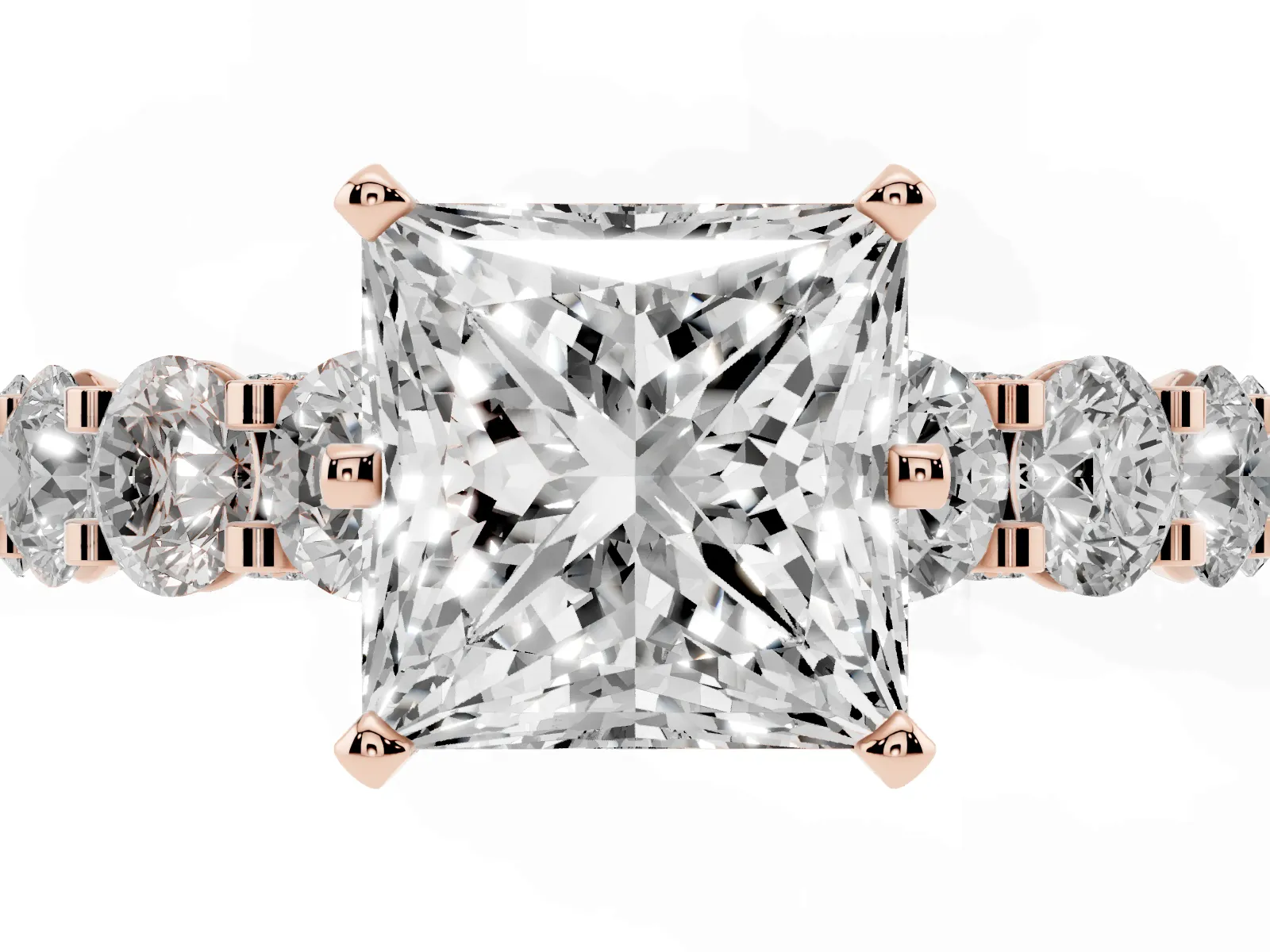 Princess Cut Diamond Side Stone Engagement Ring with Four-Prong Setting Rose gold