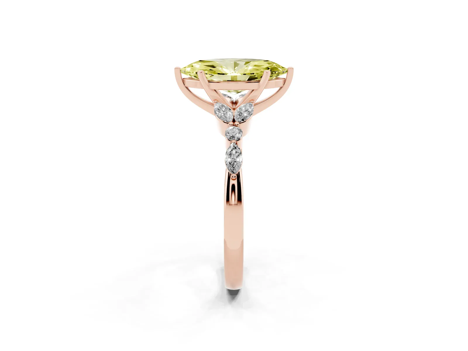 Fancy Yellow Marquise Cut Diamond Solitaire Ring with Side Stones and Four-Prong Setting Rose gold