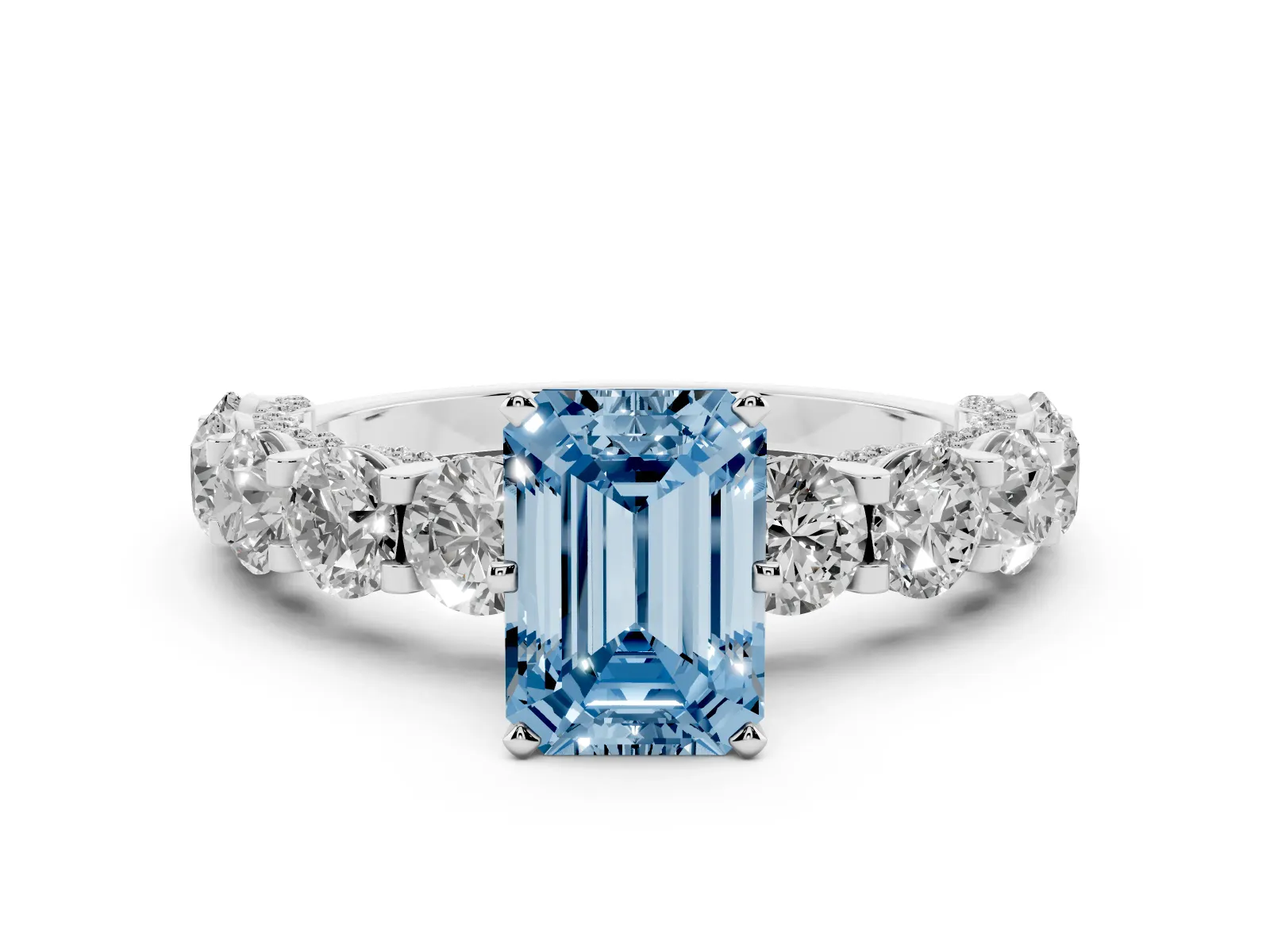 Fancy Blue Emerald Cut Diamond Side Stone Engagement Ring with Four-Prong Setting White gold