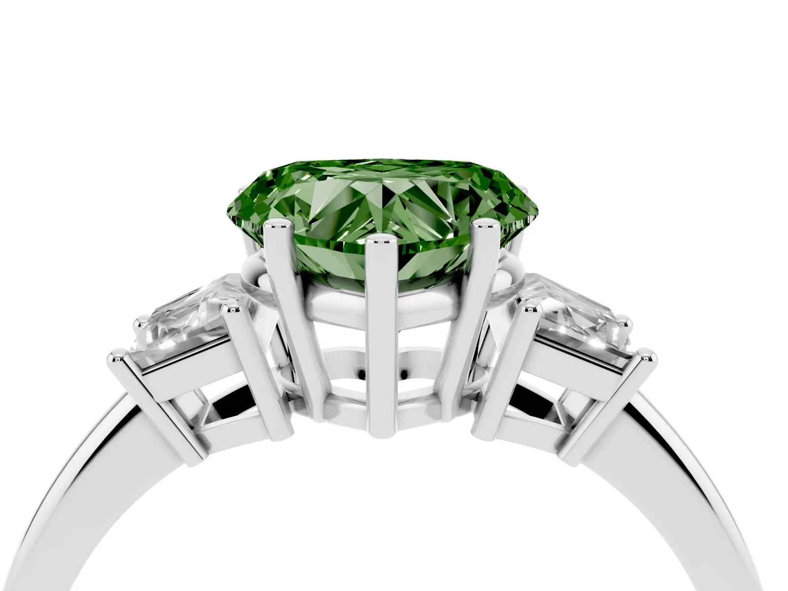 Fancy Green Heart Cut Diamond Three-Stone Ring with Trapezoid Side Stones and Prong Setting White gold